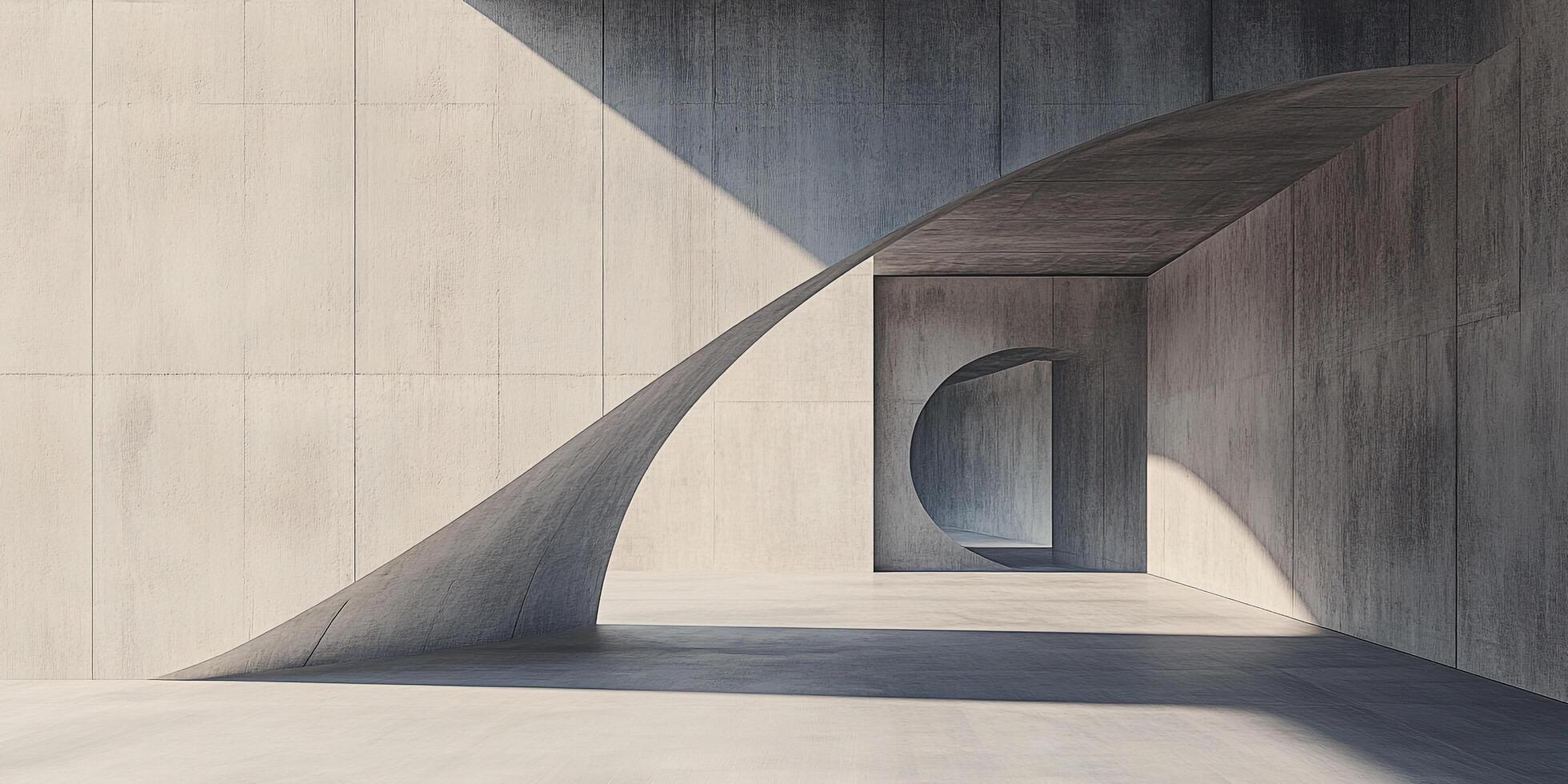 Concrete architecture showcases an impressive curvilinear form and a circular opening, bathed in soft light and shadow creating unique patterns. photo