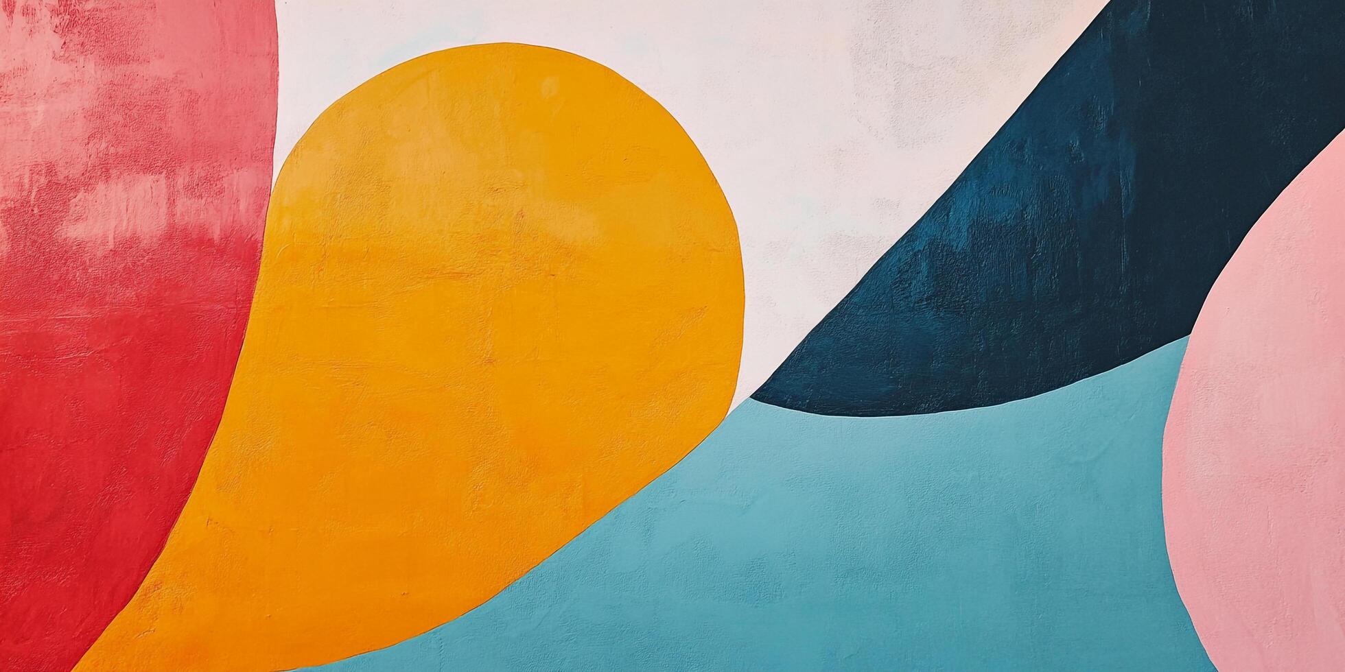 Abstract art featuring red, yellow, blue, pink, white, and navy sections in fluid shapes, creating an eye-catching vibrant design. photo