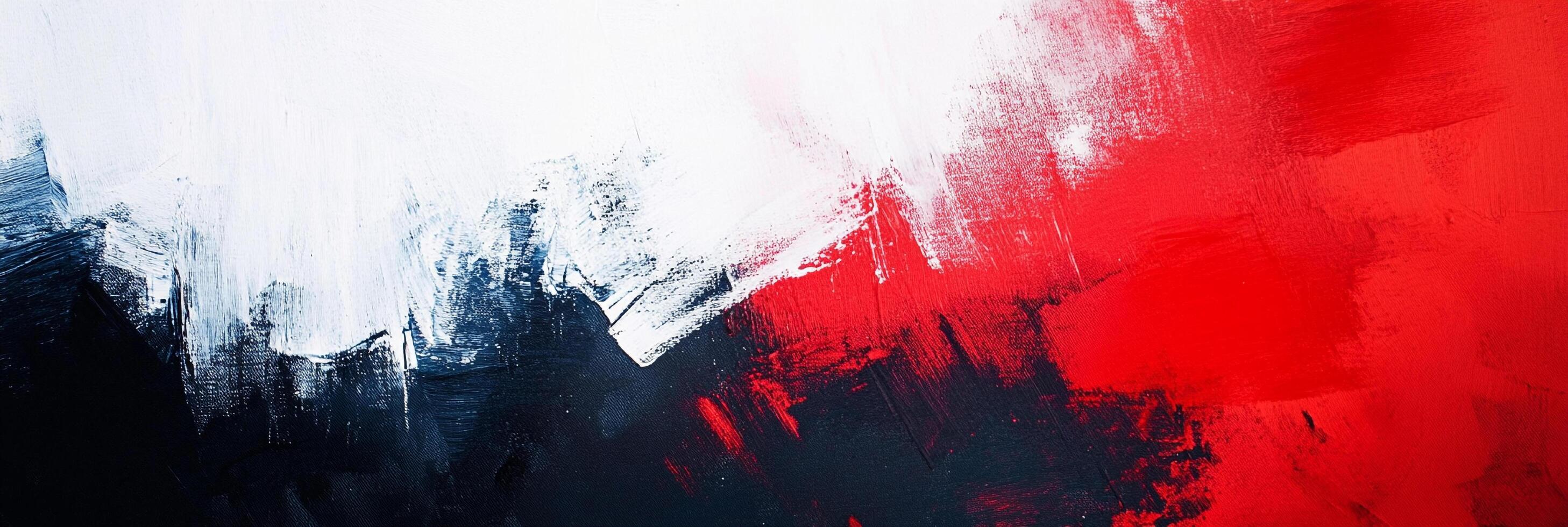 Abstract painting featuring red, white, and dark blue brushstrokes conveying energy and a dynamic composition on a textured surface. photo
