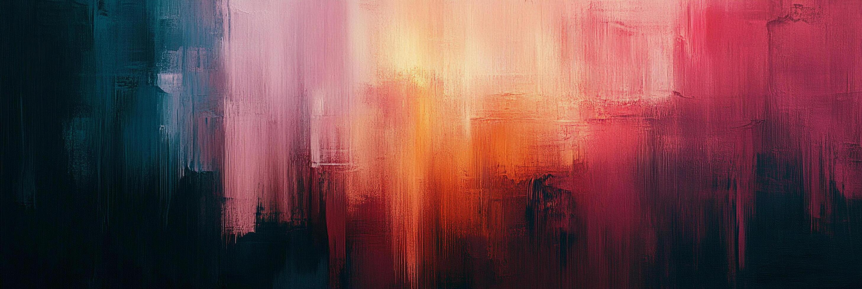 Abstract painting with vertical brushstrokes in varying shades of pink, orange, and blue, creating a sense of depth and texture. photo