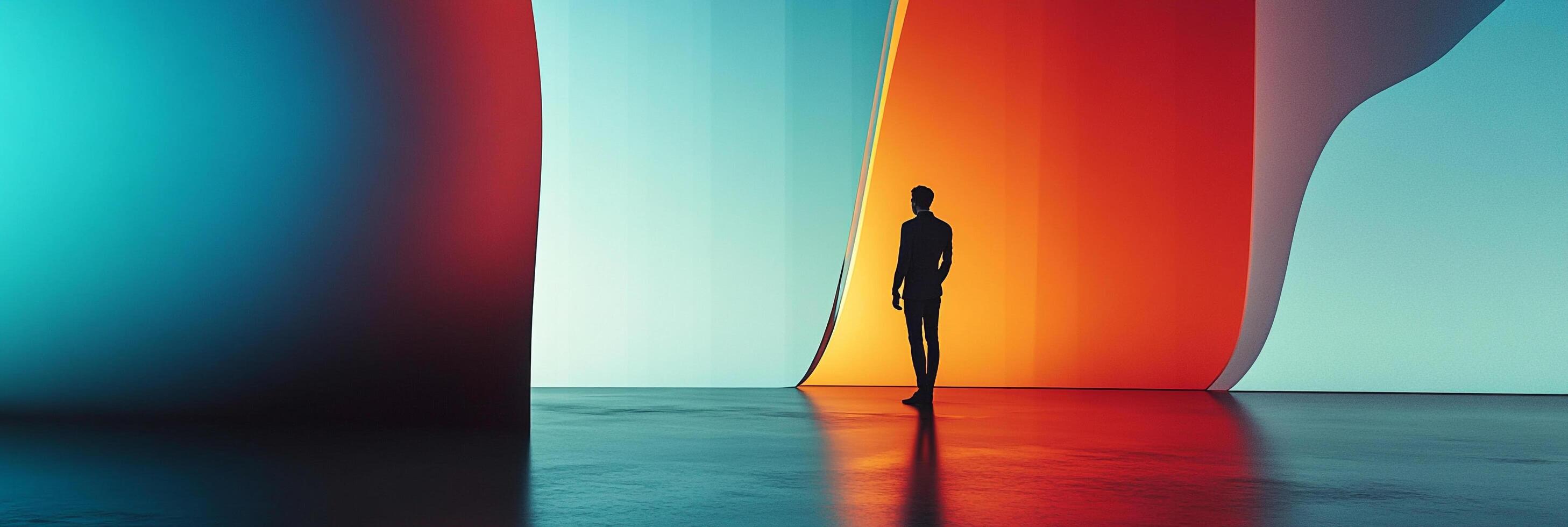 A lone figure stands in a vibrant hall of color, an abstract scene filled with reflection and mood. The human element in this space creates depth. photo