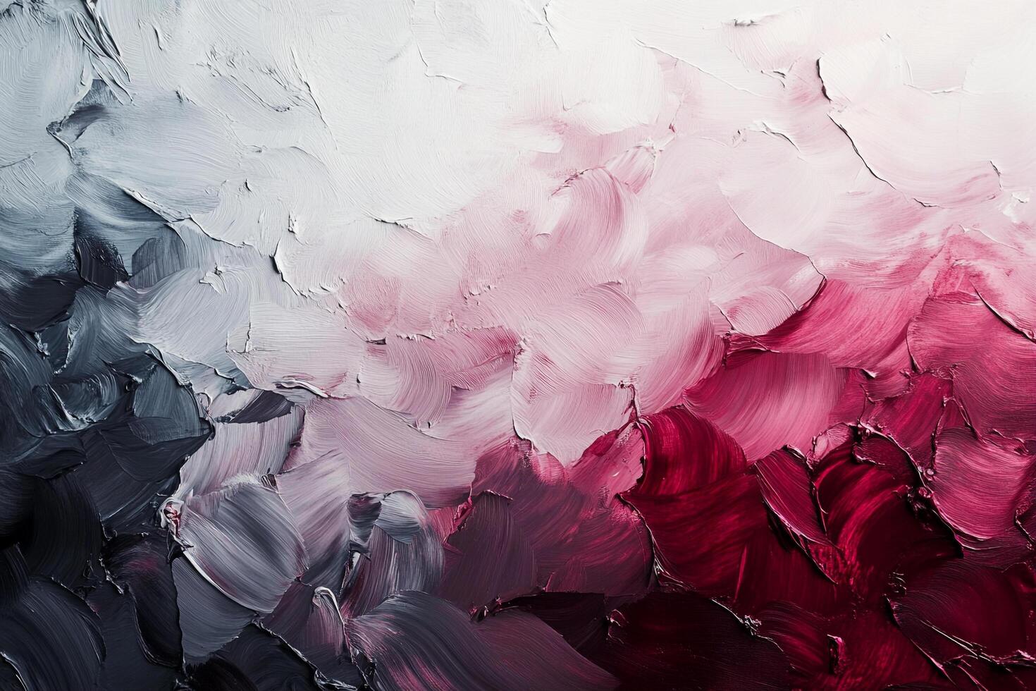 Abstract art piece featuring thick brushstrokes in shades of gray, white, and pink, creating a textured and layered surface. photo