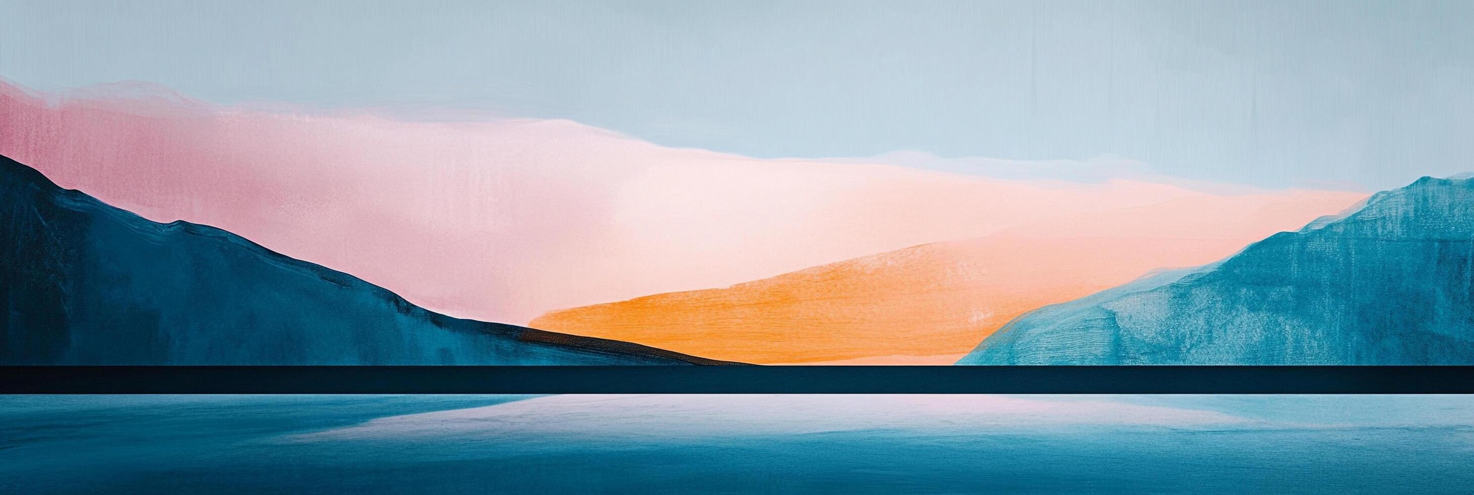 Abstract landscape painting featuring vibrant colors and serene water reflections. Minimalist composition evokes tranquility and artistic expression. photo