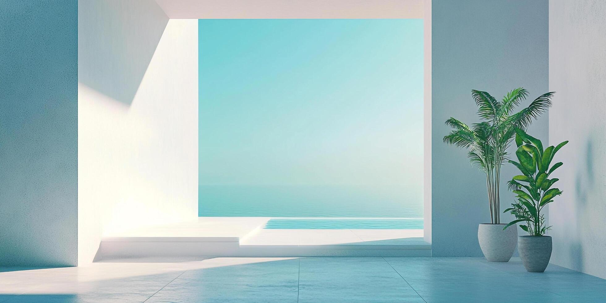 Serene indoor scene with a view of the ocean framed by white walls, complemented by potted greenery. Calm, peaceful, relaxing scenery. photo