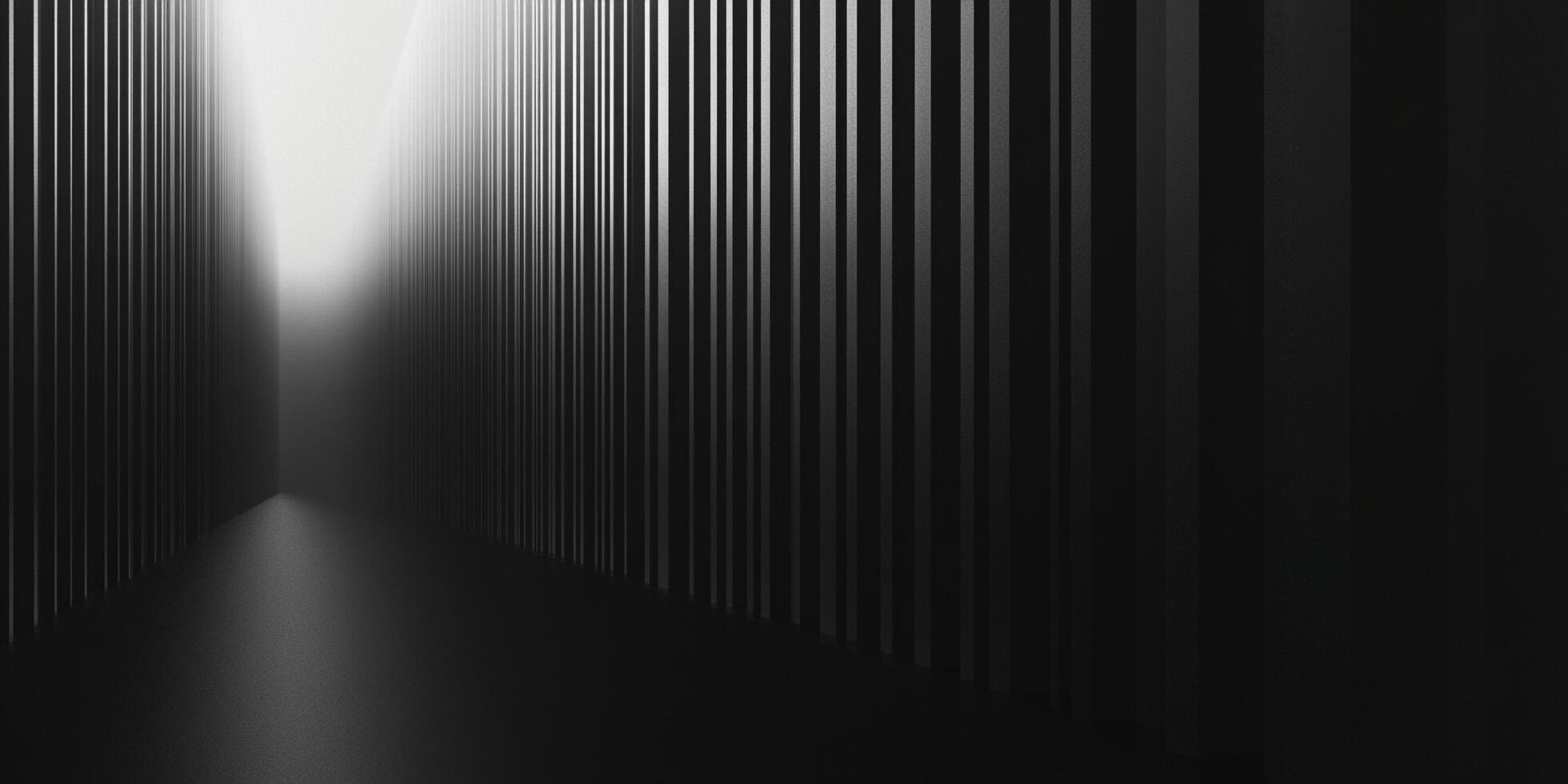 A monochromatic image featuring parallel vertical lines creating an abstract corridor, ending with a burst of light in the distance. photo