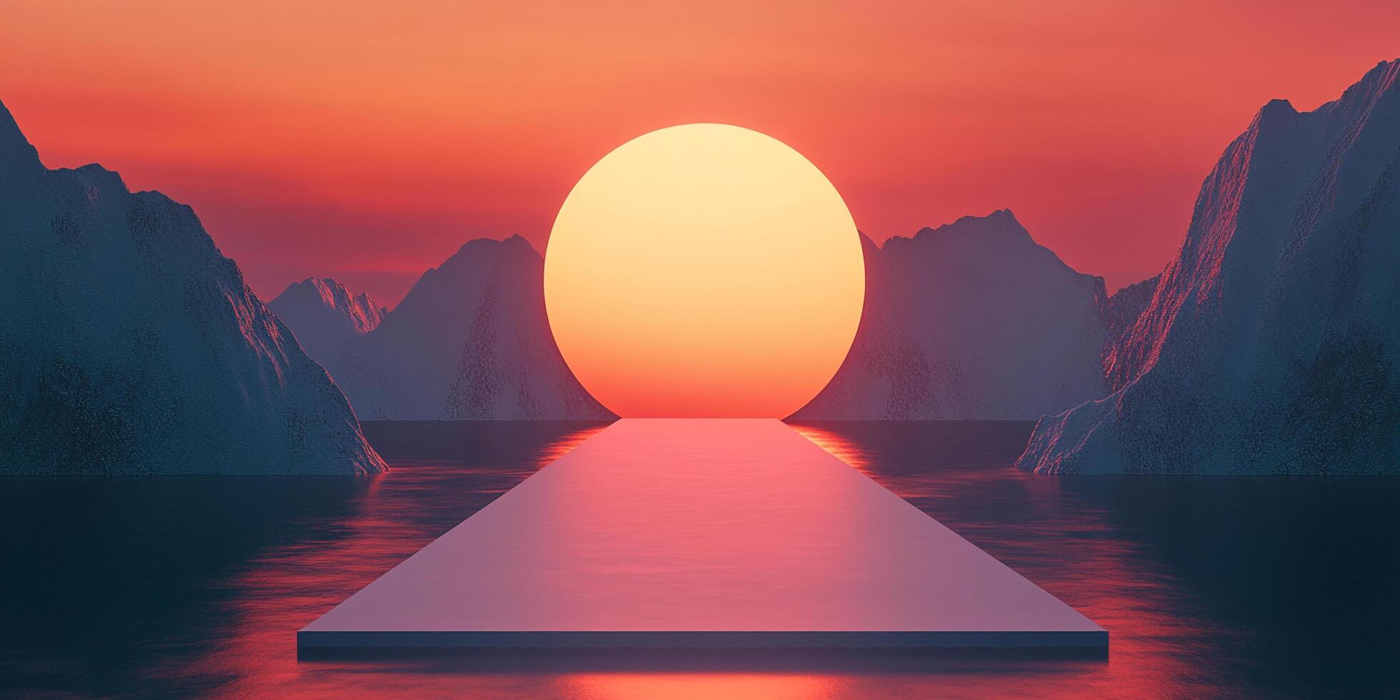 A serene digital landscape featuring a bright sunset behind mountains, a pathway on water, and an overall calming, otherworldly vibe. photo