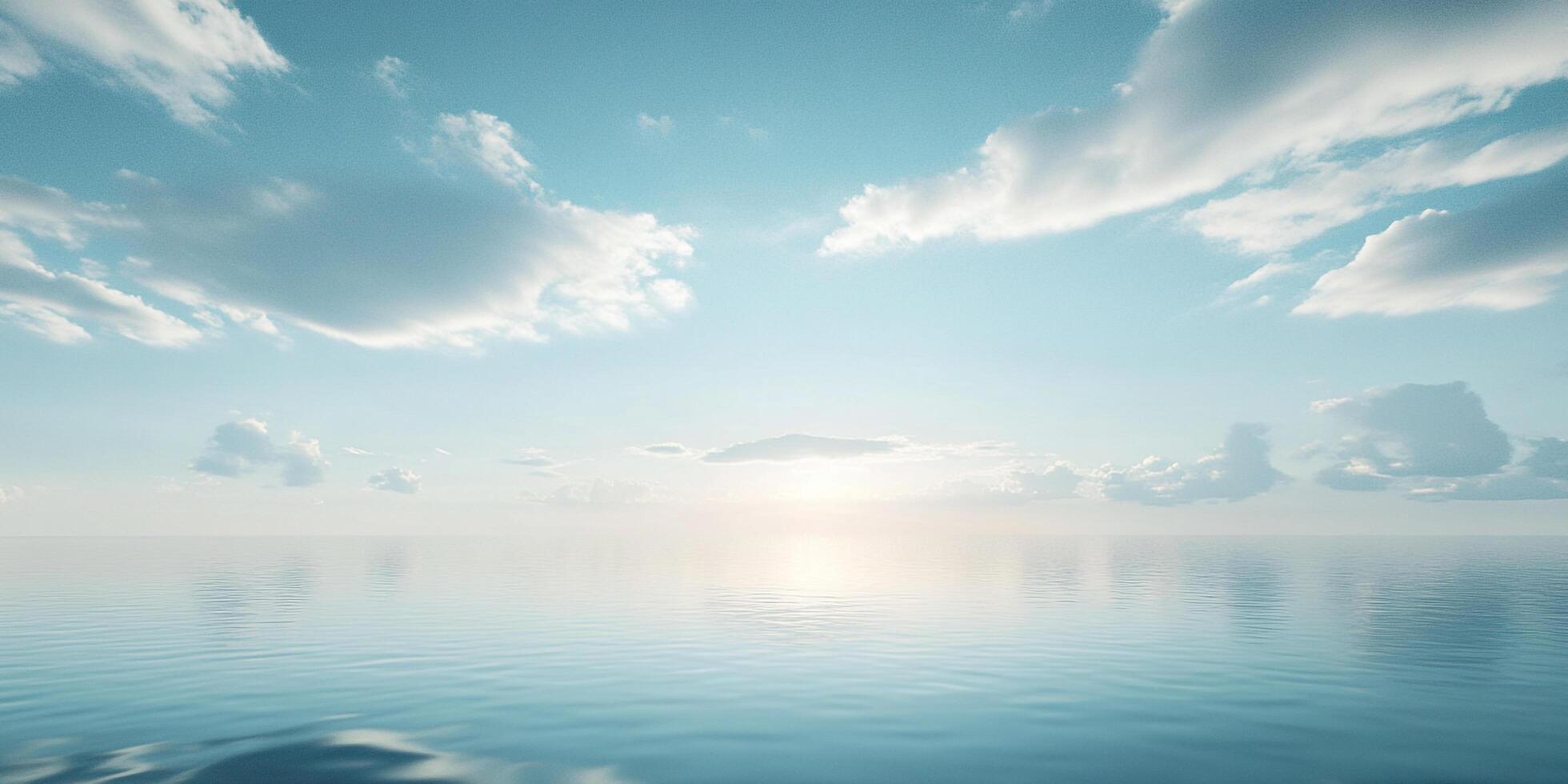 A serene seascape under a bright blue sky scattered with fluffy clouds, reflecting light onto the calm, smooth water surface. photo