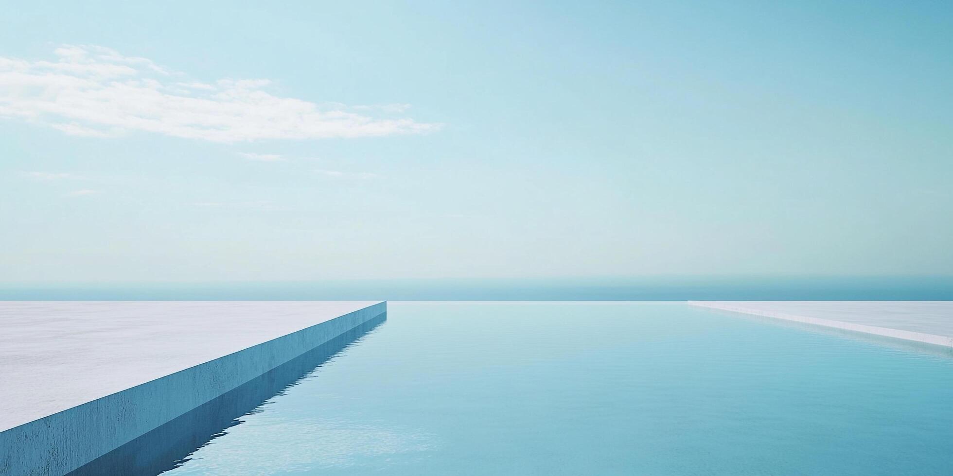 A tranquil vista showcases the seamless transition of an infinity pool merging with the serene horizon under a clear, pale blue sky. photo