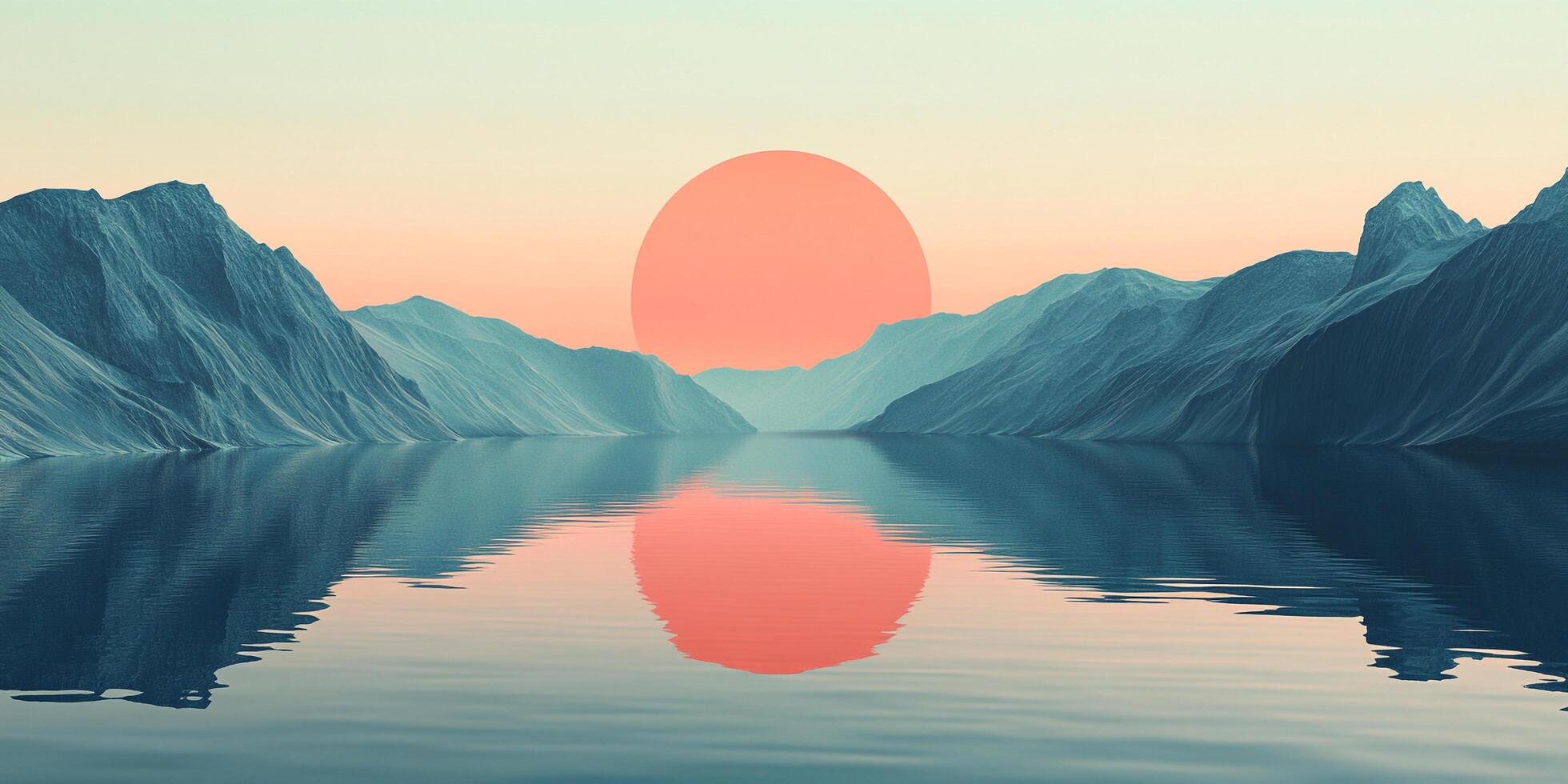 Serene mountain range mirrored in calm waters under a soft sunrise sky. Peaceful nature scene with calming colors and reflections. photo