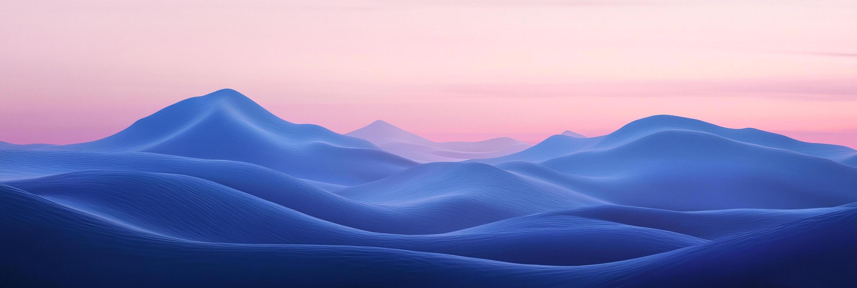 Serene blue mountain range landscape under a soft pink and purple gradient sky, evoking a sense of calm and wonder. Ethereal beauty. photo