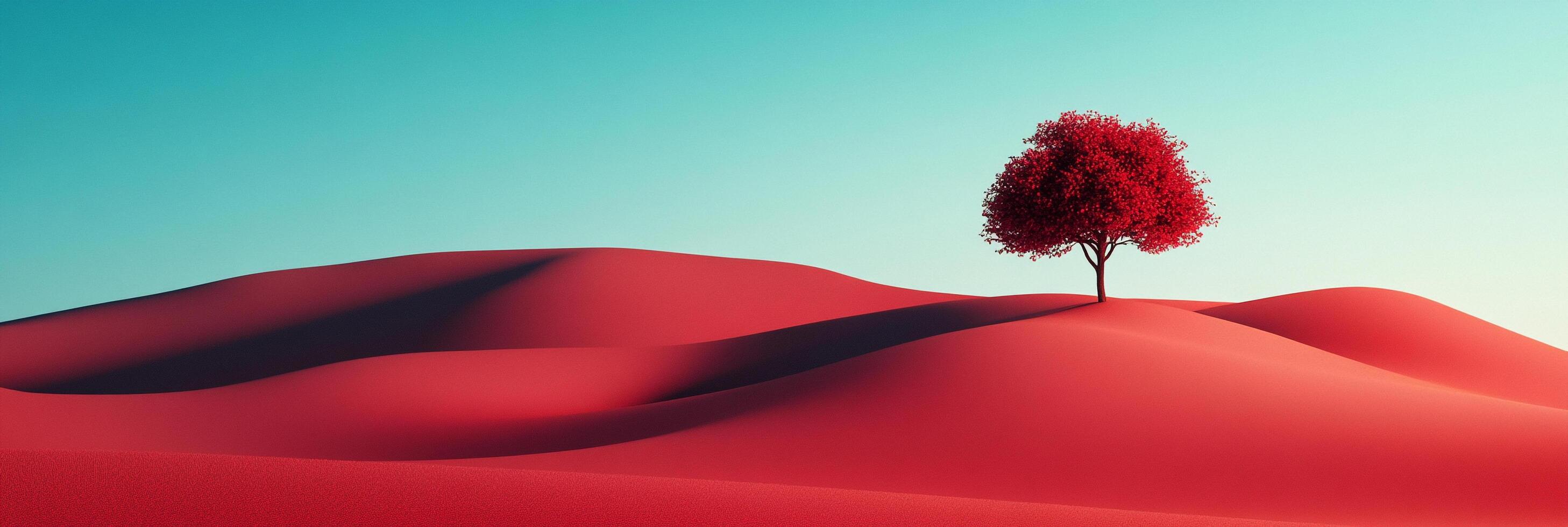 Vivid tree atop red dunes under blue sky. A solitary splash of life in a minimalist, surreal desert landscape. Peaceful and unique. photo