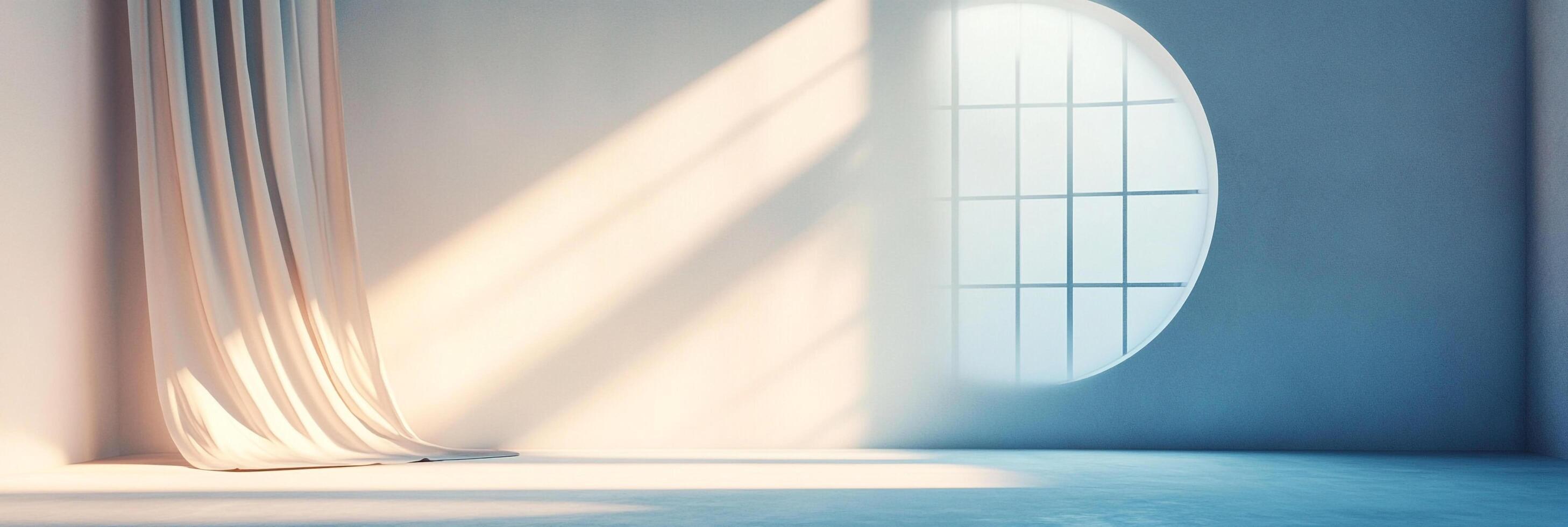 Sunlight streams through a window, illuminating a minimalist room with light curtains and soft shadows, creating a serene atmosphere. photo