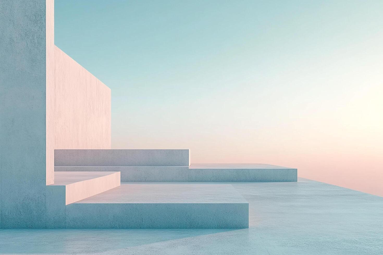 Minimalist architectural steps under a pastel sky. The scene evokes peace and modern design with clean lines and soft colors. photo