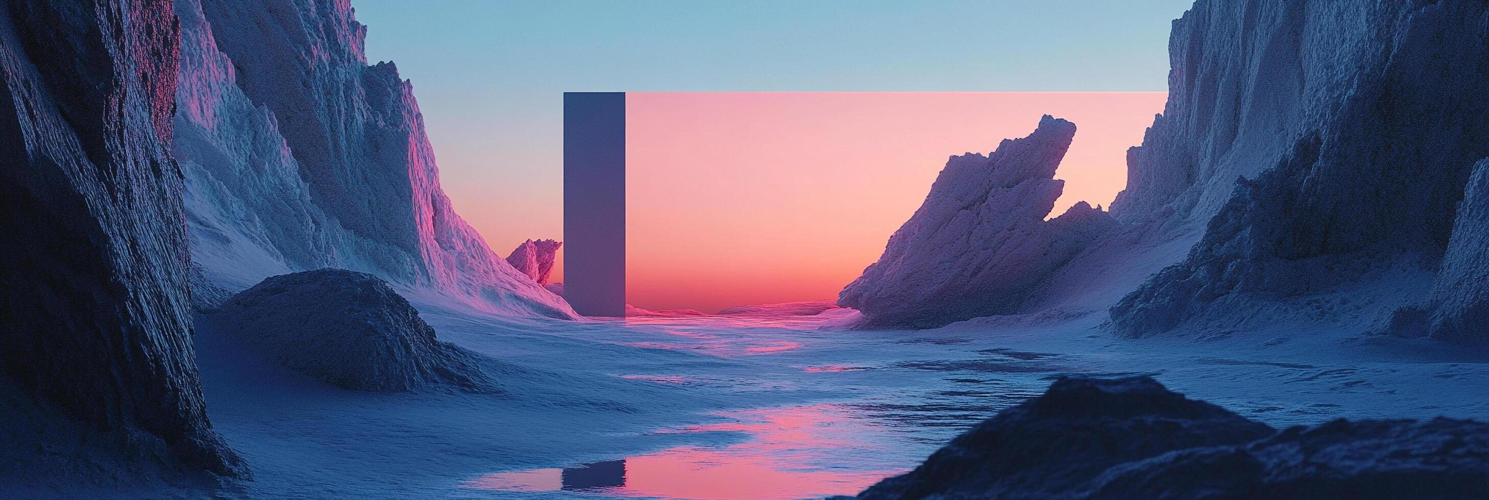 Surreal landscape featuring icy cliffs and a large geometric shape against a softly colored sunset, creating a dreamlike atmosphere. photo