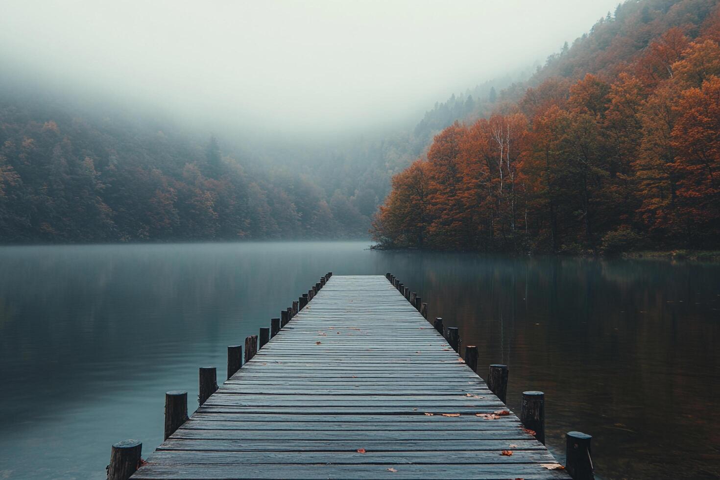 Misty lake scene with wooden dock, autumn colors, and shrouded hills, creating a serene and tranquil natural landscape. photo