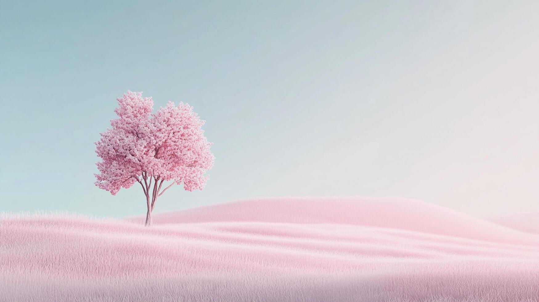 A serene landscape featuring a pink tree in full bloom against a pastel sky, creating a peaceful and dreamlike atmosphere. photo