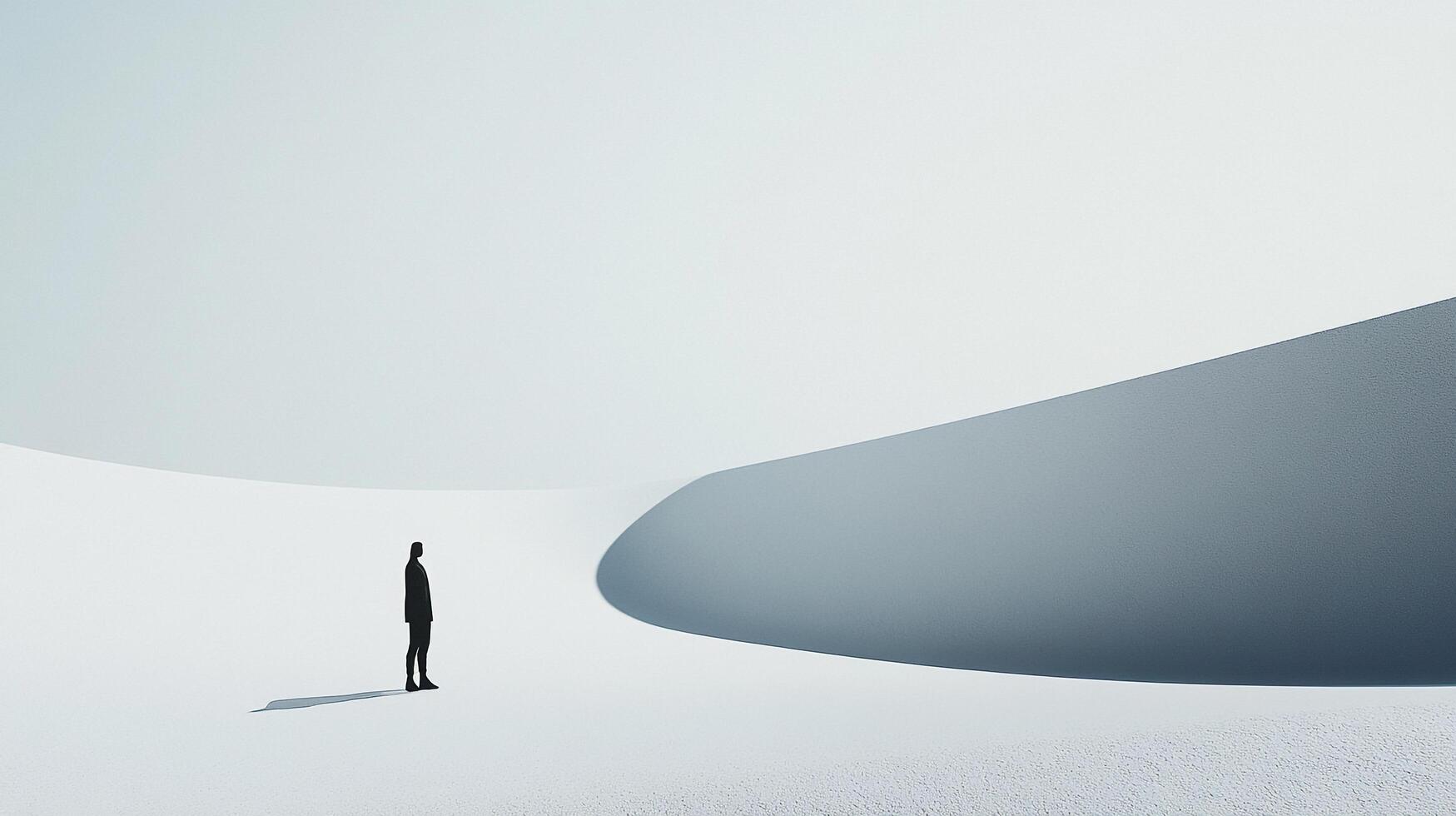 Figure on the horizon, gazing upon a blank canvas, contemplating possibilities amidst quiet minimalism. A lone silhouette in a vast emptiness. photo