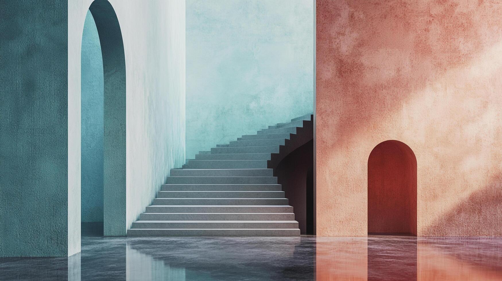 Architectural wonder with pastel walls and arched doorways, featuring elegant stairs and a serene atmosphere. A minimalist masterpiece. photo