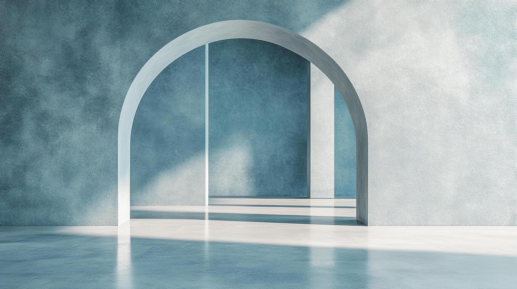 A minimalistic architectural scene featuring an archway bathed in soft light, emphasizing geometric shapes and clean lines. Interior design. photo