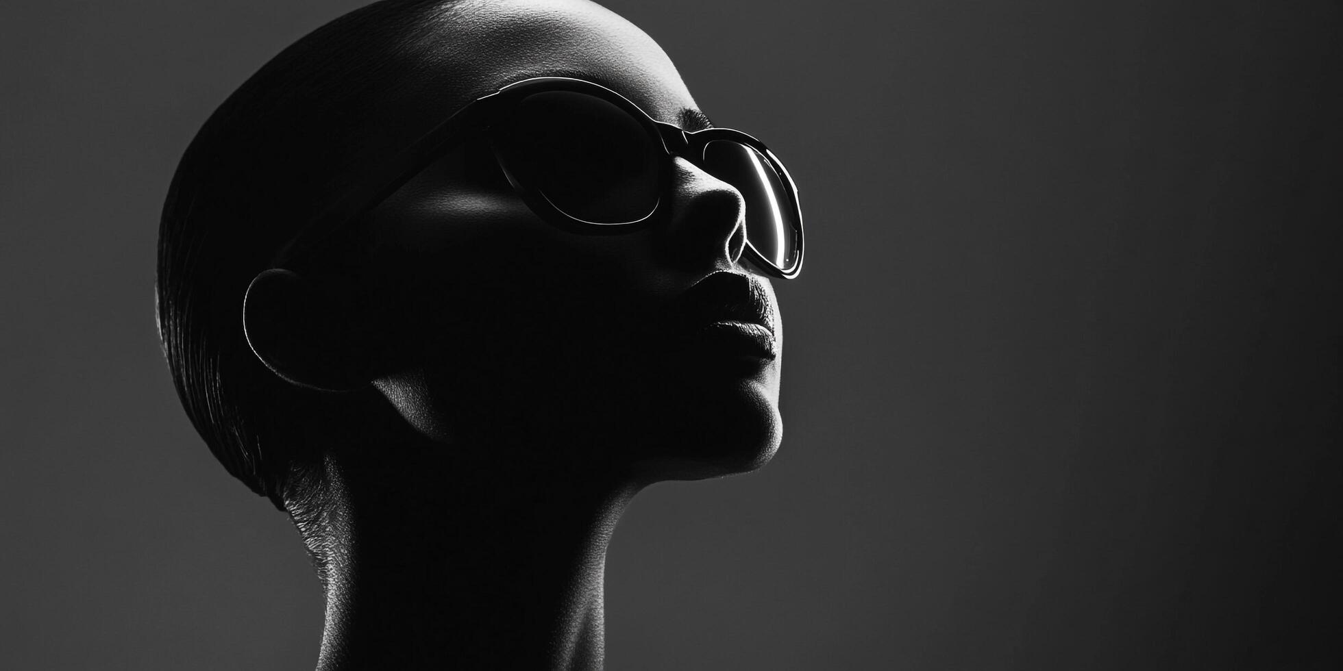 Sleek monochrome portrait featuring a dark-haired person with sunglasses, captured in a striking profile view against a dark background. photo