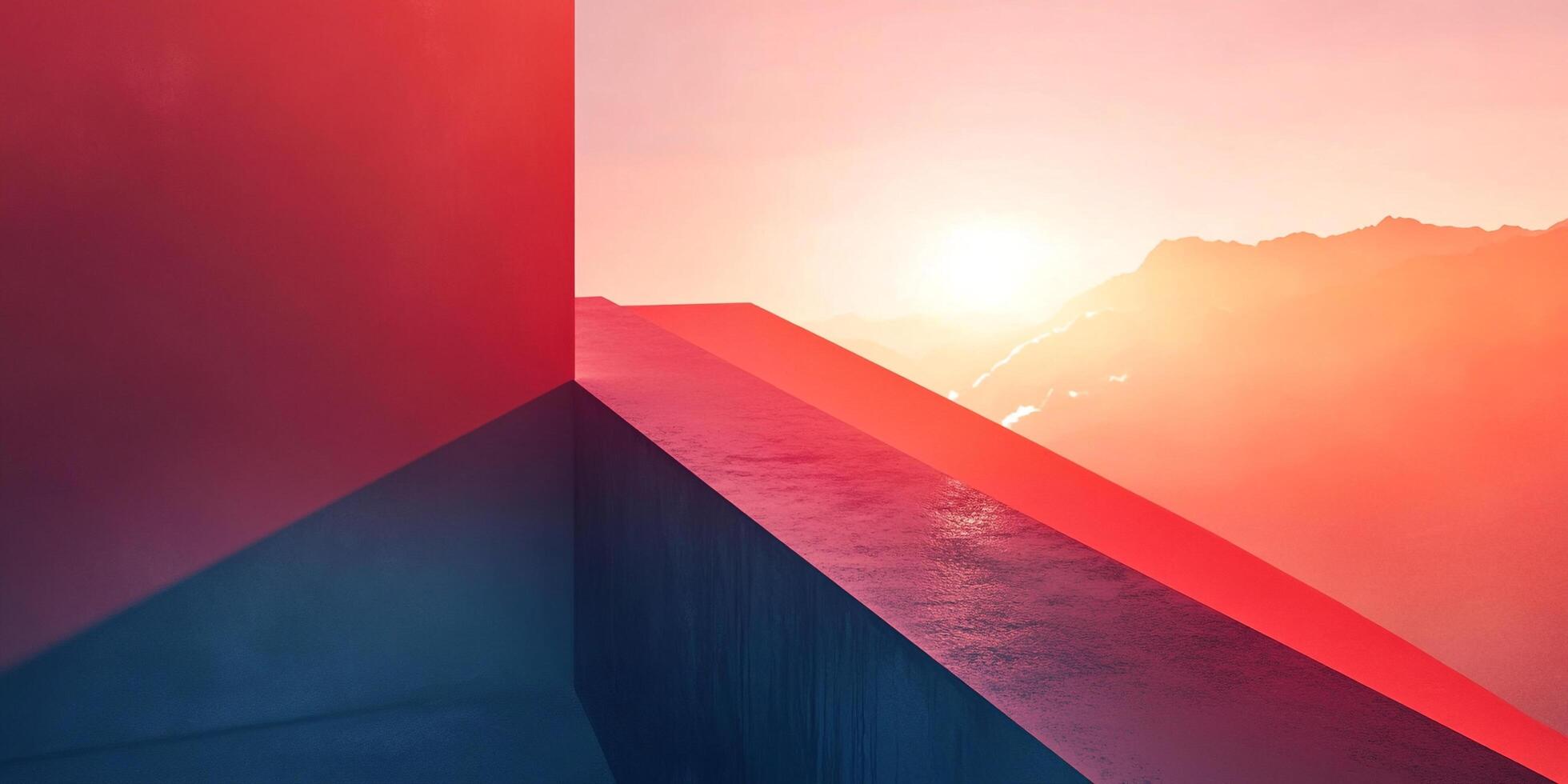 Abstract architectural design meets serene mountain view at sunset. A blend of geometric structure and natural landscape. photo