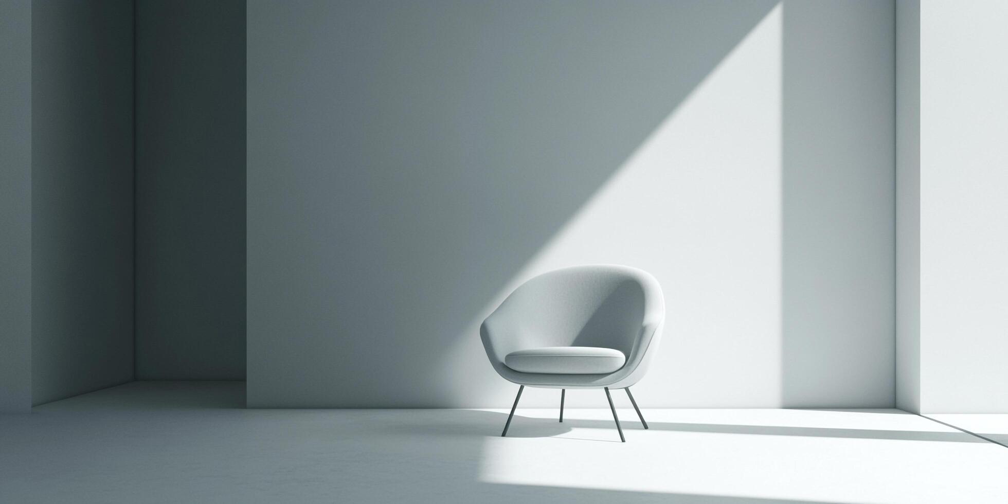 Minimalist interior featuring a light gray lounge chair bathed in sunlight against a simple white wall, creating a serene atmosphere. photo