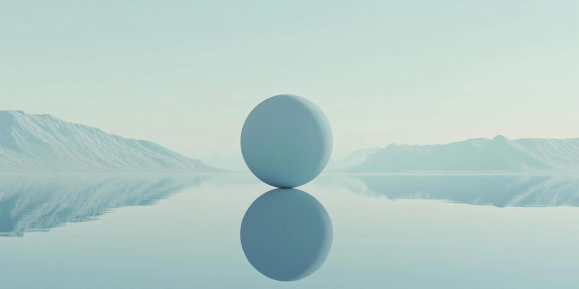A monochromatic landscape features a sphere balanced on a reflective surface, with mountains visible in the distance. The image evokes a feeling of calm. photo