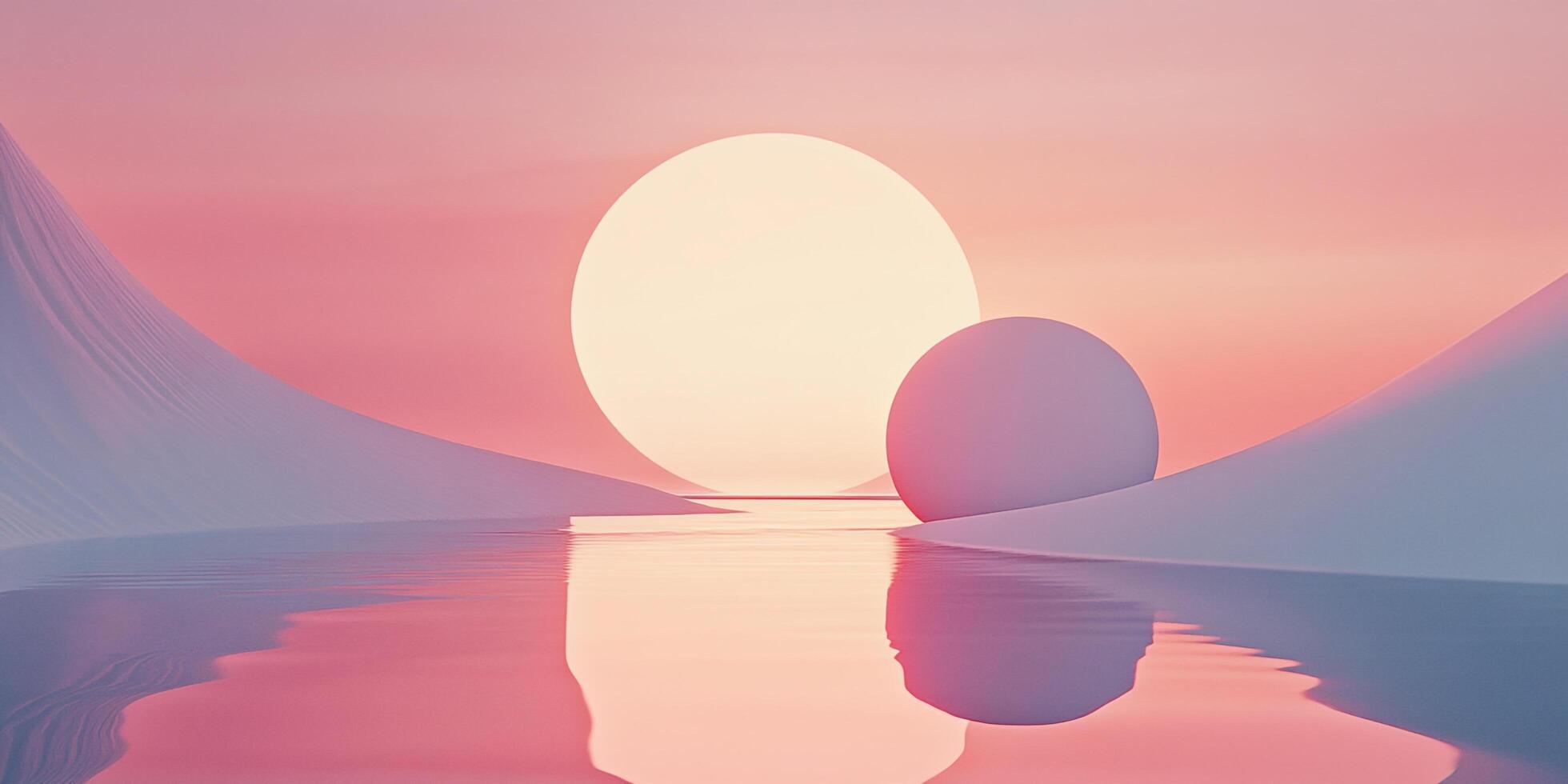Serene sunset reflecting on water, minimalist landscape with soft pastel colors and geometric shapes creating a peaceful atmosphere. photo
