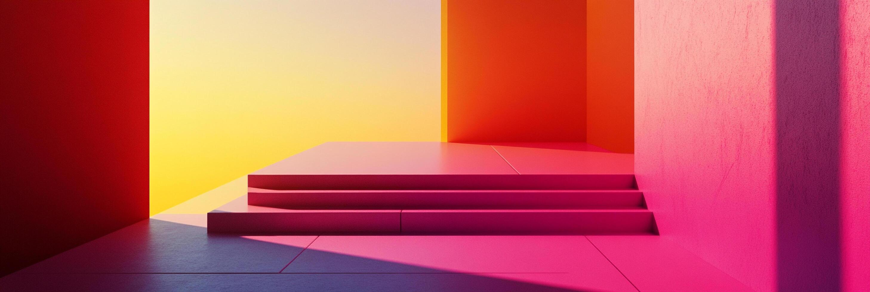 Abstract staircase bathed in vibrant hues of pink, yellow, orange, and red, creating a modern architectural scene with hard shadows. photo
