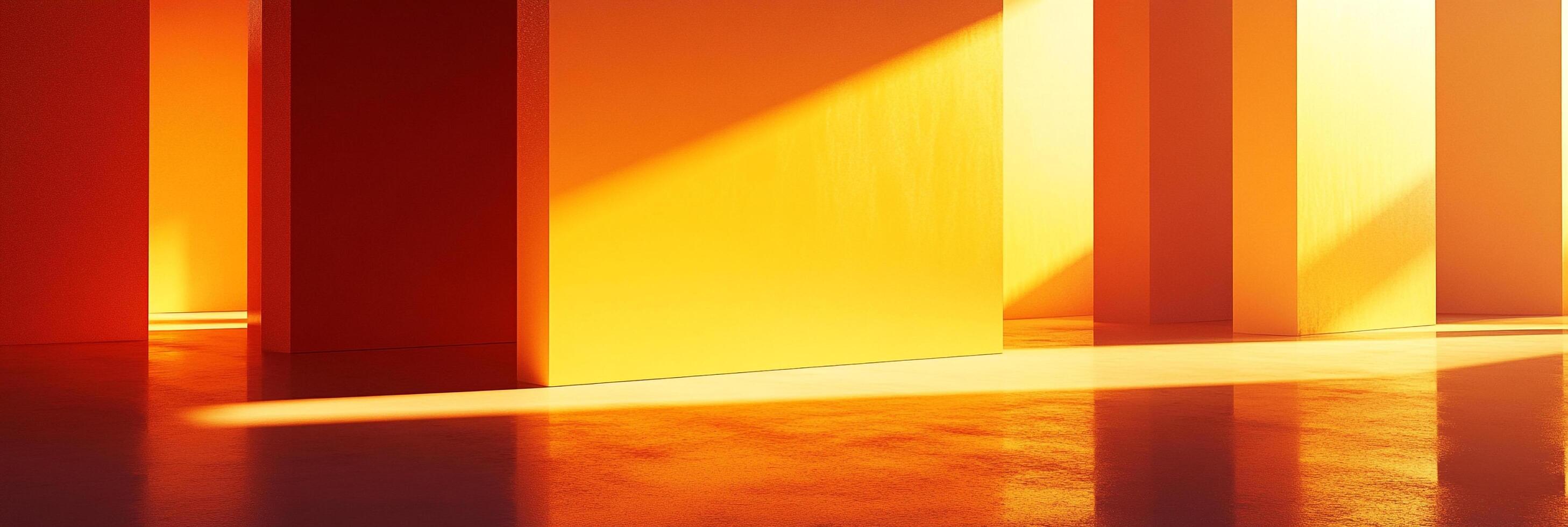 Geometric architecture bathed in warm, golden light, casting striking shadows and highlighting clean lines in an inviting space. photo