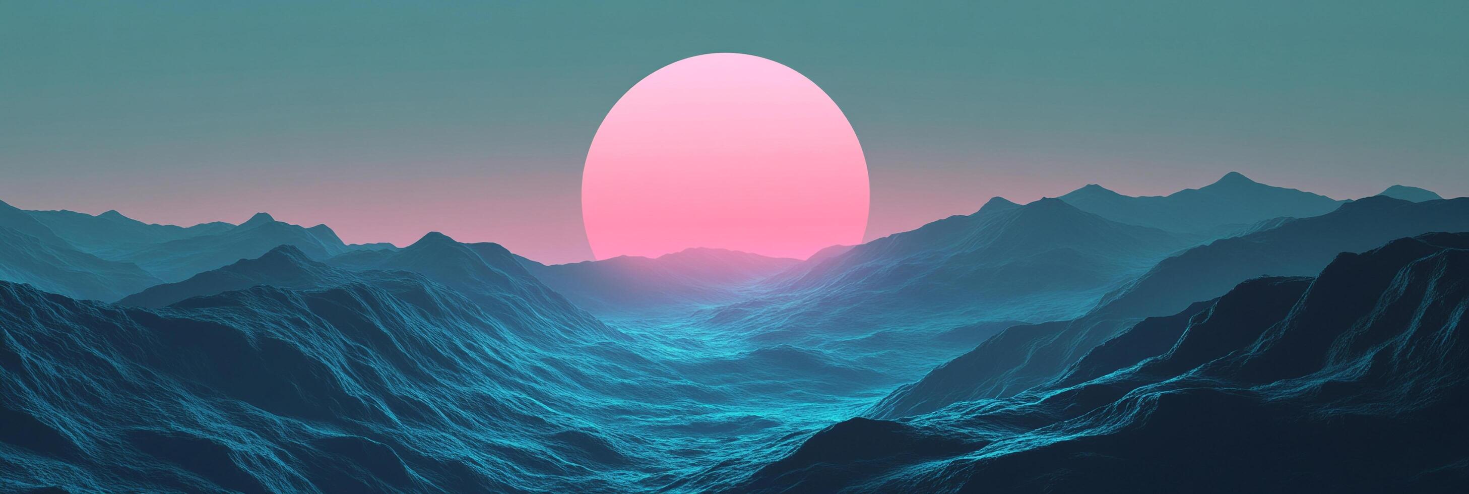 A surreal landscape unveils a vast expanse of blue mountains beneath a pastel sunset, where a large pink sun dominates the horizon. photo