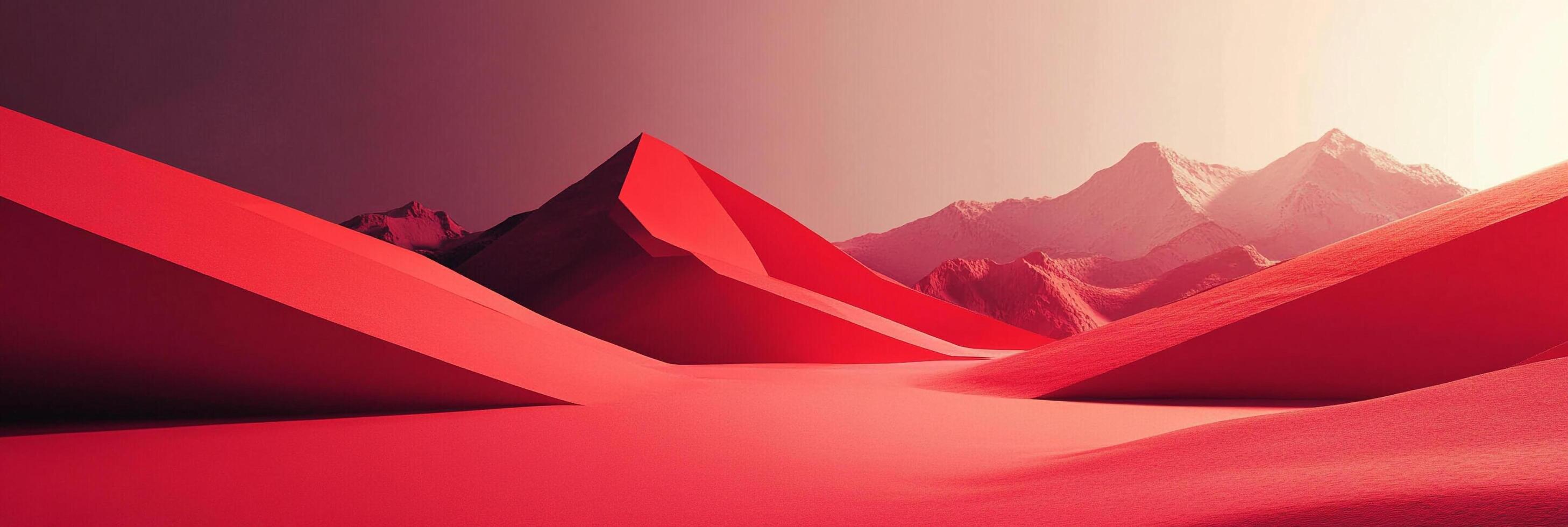 Abstract red landscape with sharp, geometric mountains. A minimalist desert scene with soft lighting and a gradient sky overhead. A serene and bold landscape. photo