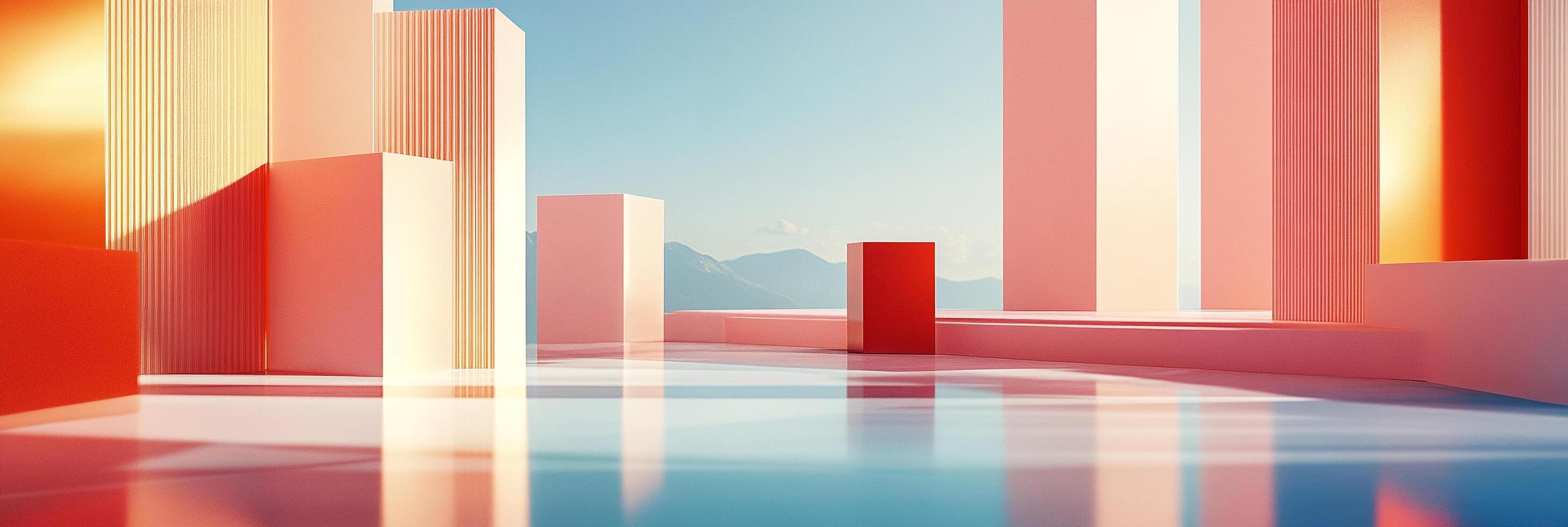 Architectural abstract with geometric structures in soft pastels and a central red accent, creating a serene, minimalist landscape. photo