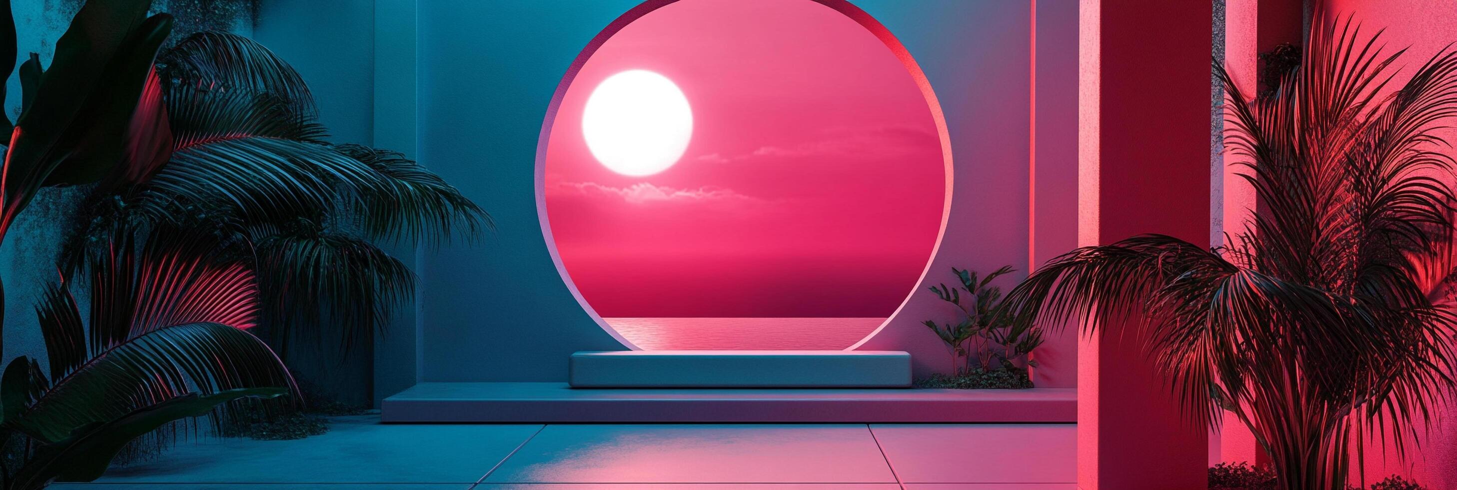 Abstract portal to ocean sunset with pink and blue lighting, platform, and botanical accents. Dreamy and vibrant scene. photo