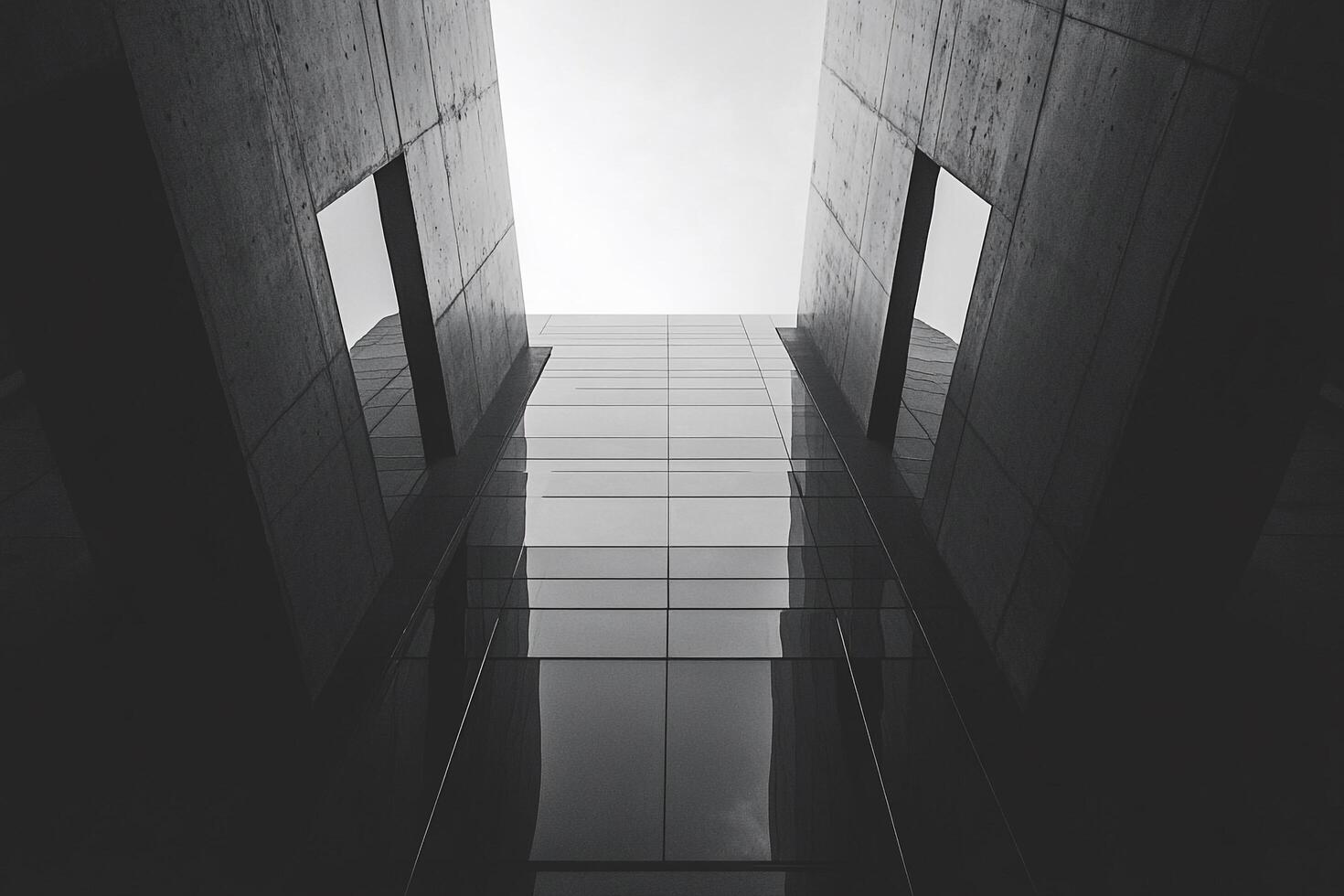 Monochromatic photo from ground level of a tall, modern building with glass and concrete, reaching for the sky above in an architectural shot.