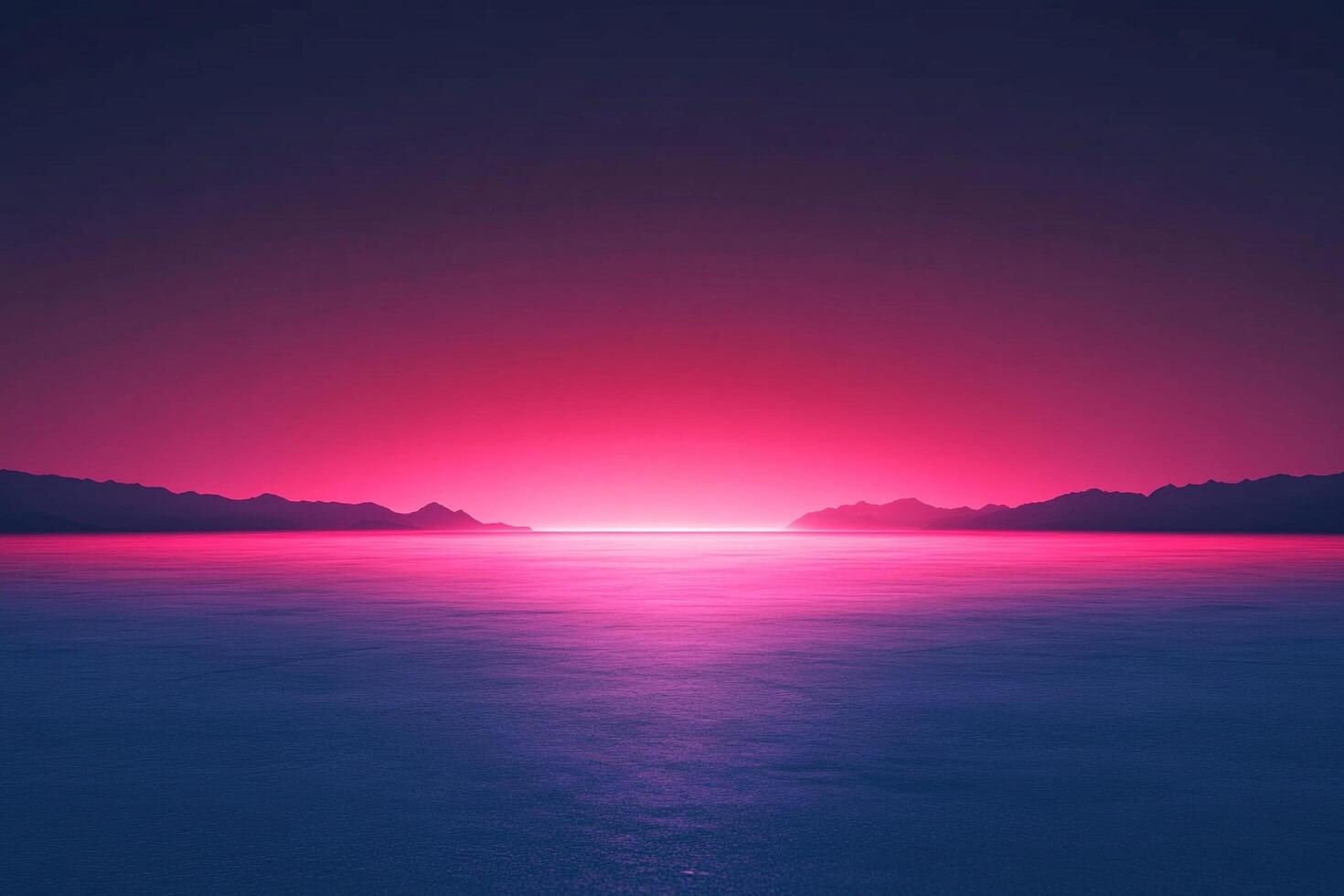 A serene expanse of water reflects a vibrant pink and purple sky, with distant mountain silhouettes adding depth to the horizon. photo