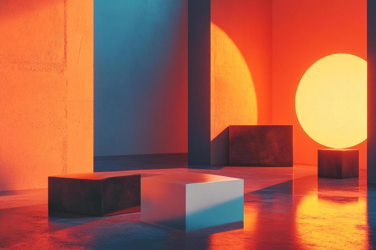 Geometric room interior featuring concrete structures in an artistic lighting display with block shaped figures on a glossy floor. photo