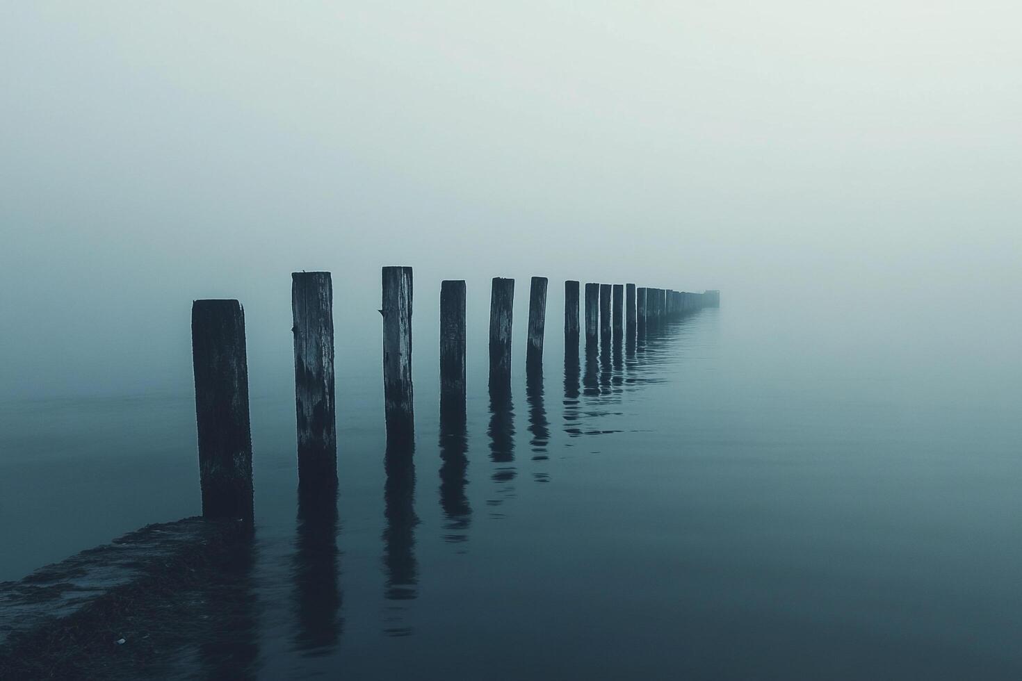 Eerie row of weathered posts in foggy water, creates a melancholic and captivating seascape with muted, misty tones and mysterious atmosphere. photo