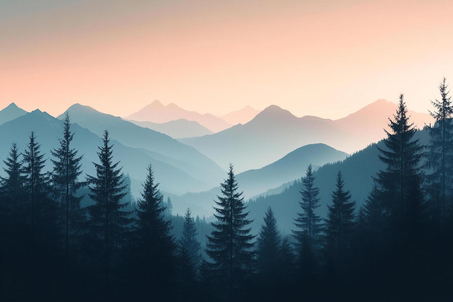 Majestic mountain range in the distance shrouded by haze, with evergreen trees lining the foreground, creating a serene and peaceful nature scene. photo