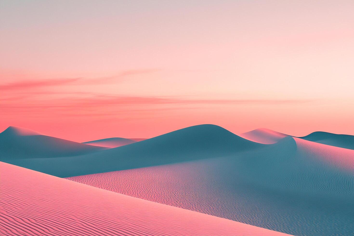Surreal desert landscape with sand dunes colored in vibrant hues. Soft pink sky meets the horizon in a serene composition. photo