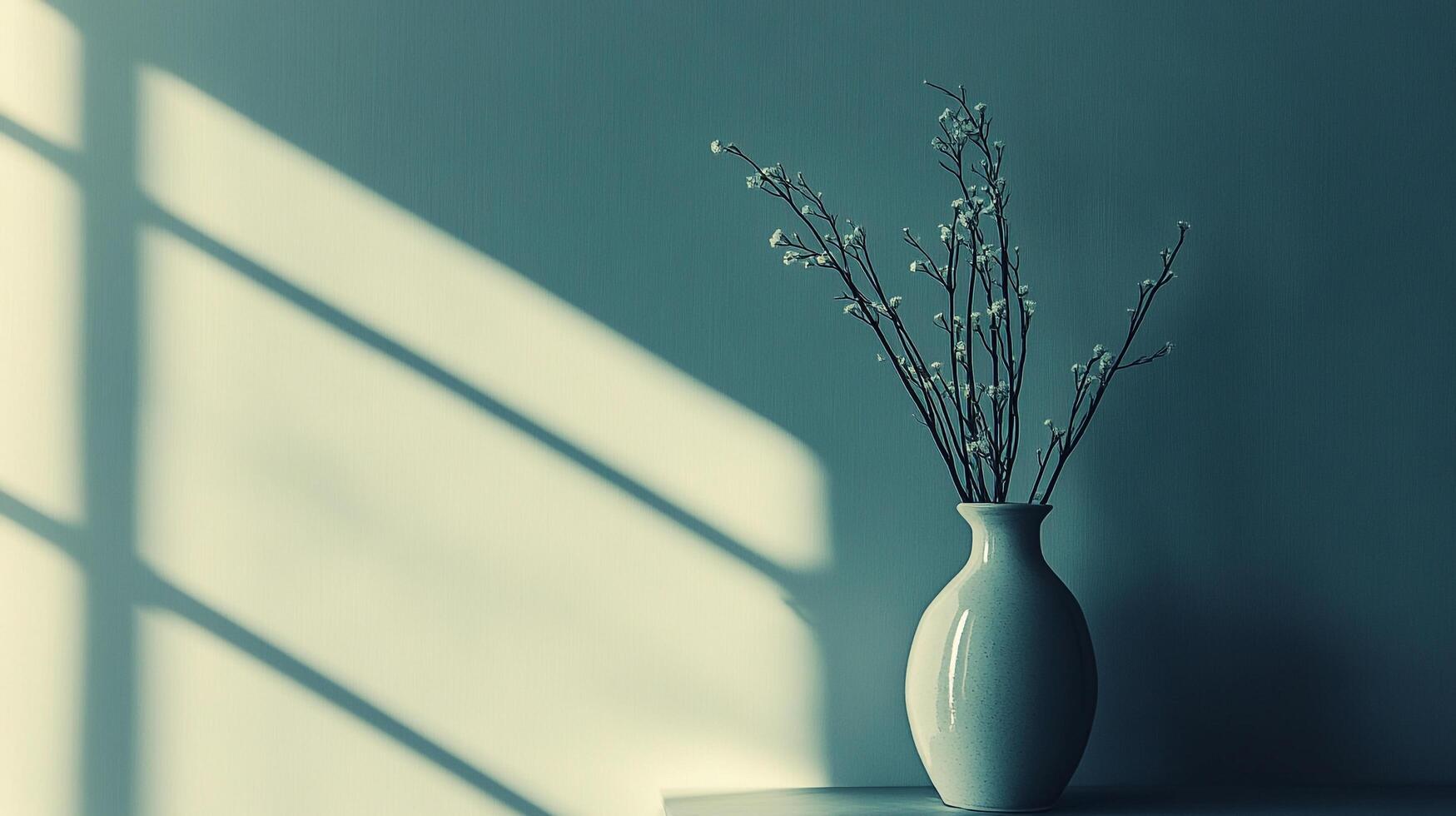 Minimalist vase of delicate flowers casts dramatic shadows against the stark, monochromatic wall creating a serene atmosphere. photo