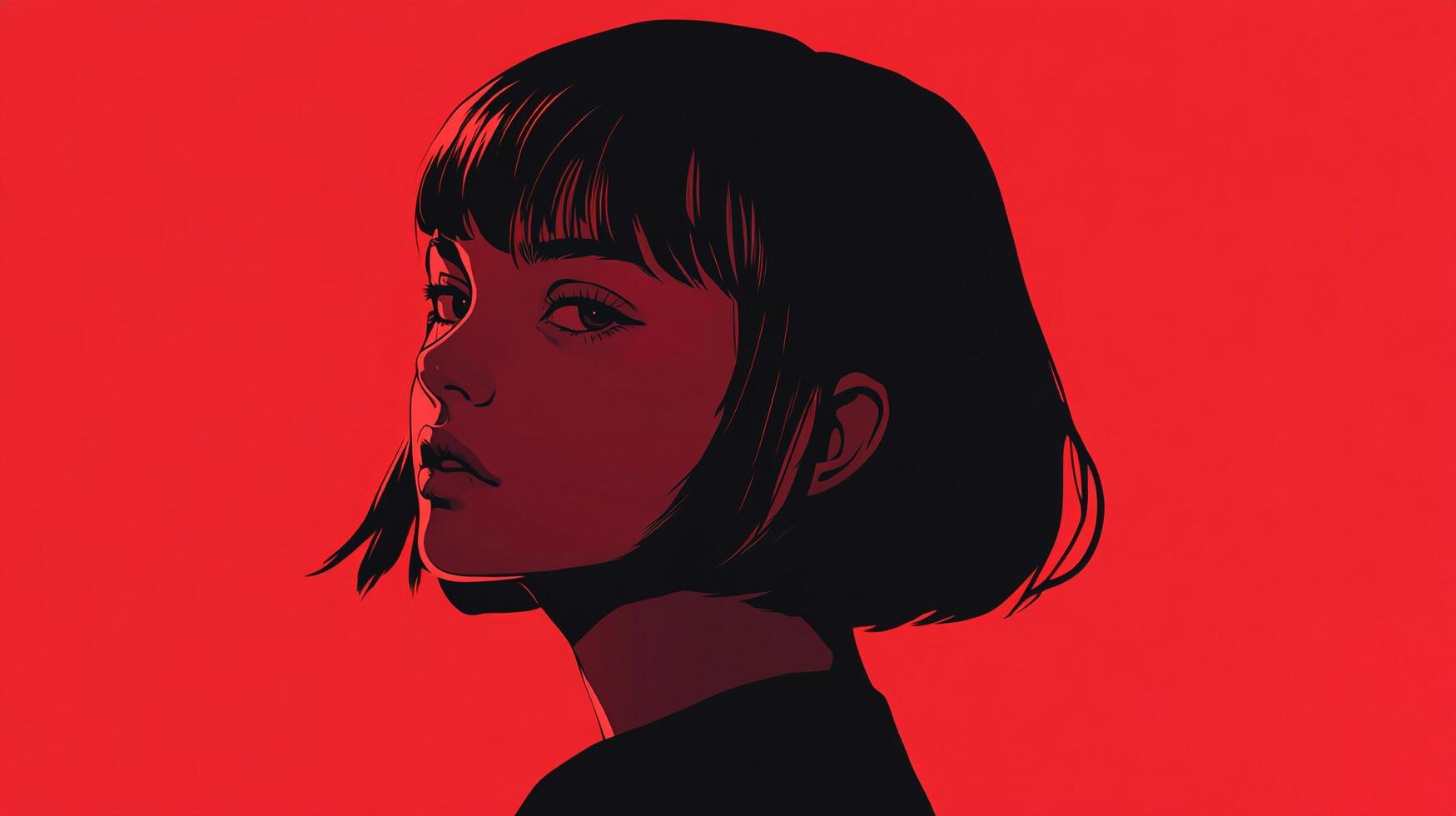 A striking portrait of a young woman with short, dark hair against a vivid red backdrop, emphasizing her gaze and expression. photo