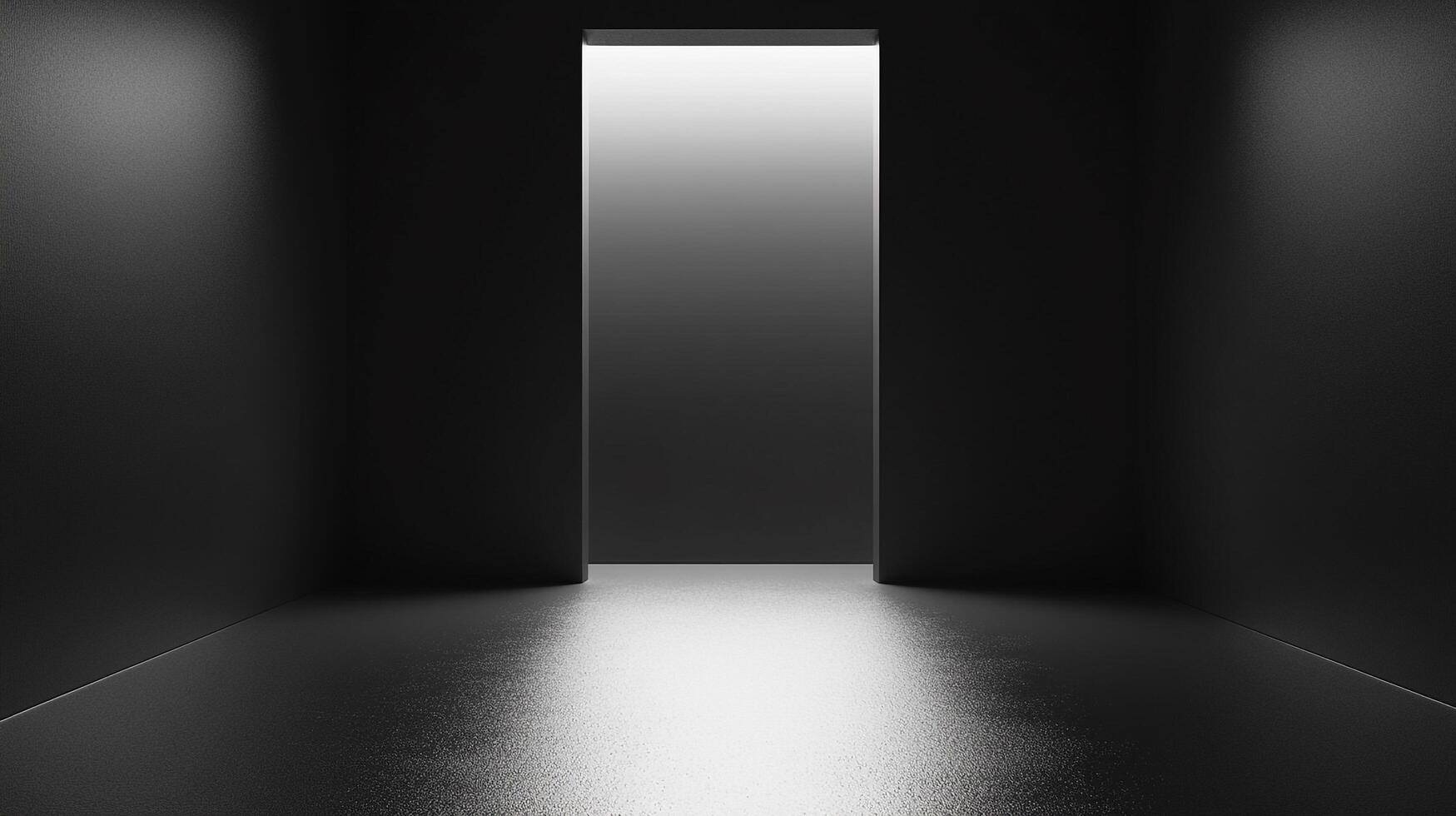 A stark monochrome view presents a bright rectangular opening in a dark space, creating a dramatic and contrasting visual effect. photo