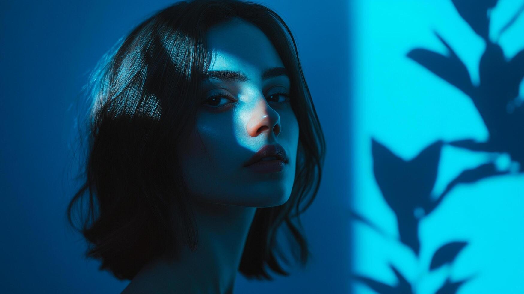 Portrait of a woman illuminated by blue light, with shadows of foliage casting a delicate pattern on the wall. photo