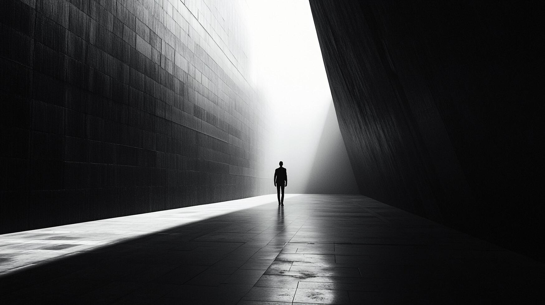 Silhouette of a person walking towards a bright light at the end of a dark tunnel, creating a sense of mystery and hope. photo
