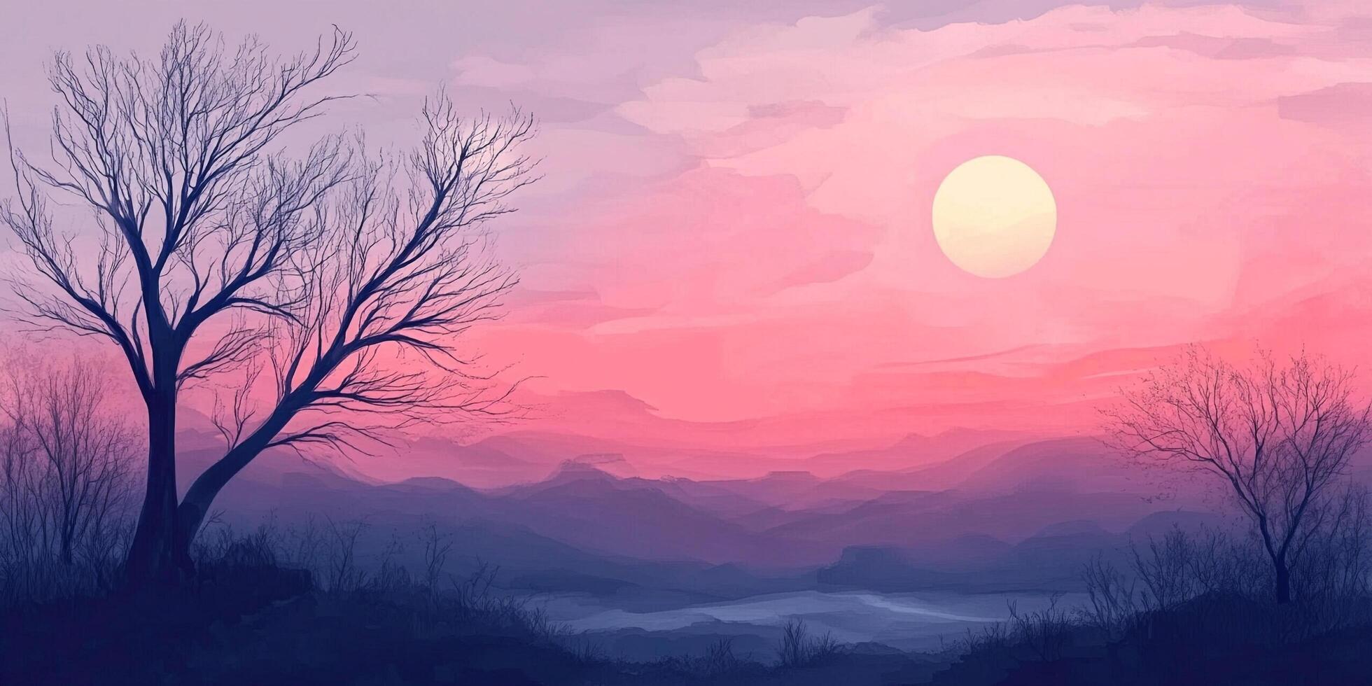 A digital landscape painting in shades of pink and purple, showcasing a serene vista with silhouetted trees against a vibrant sky and distant hills. photo