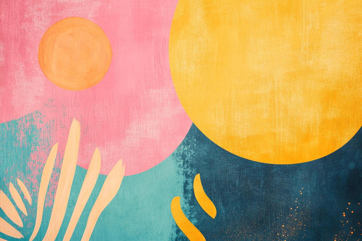 Abstract modern art in pink, orange, yellow, and blue, featuring geometric shapes and botanical elements. Earthy and contemporary design. photo