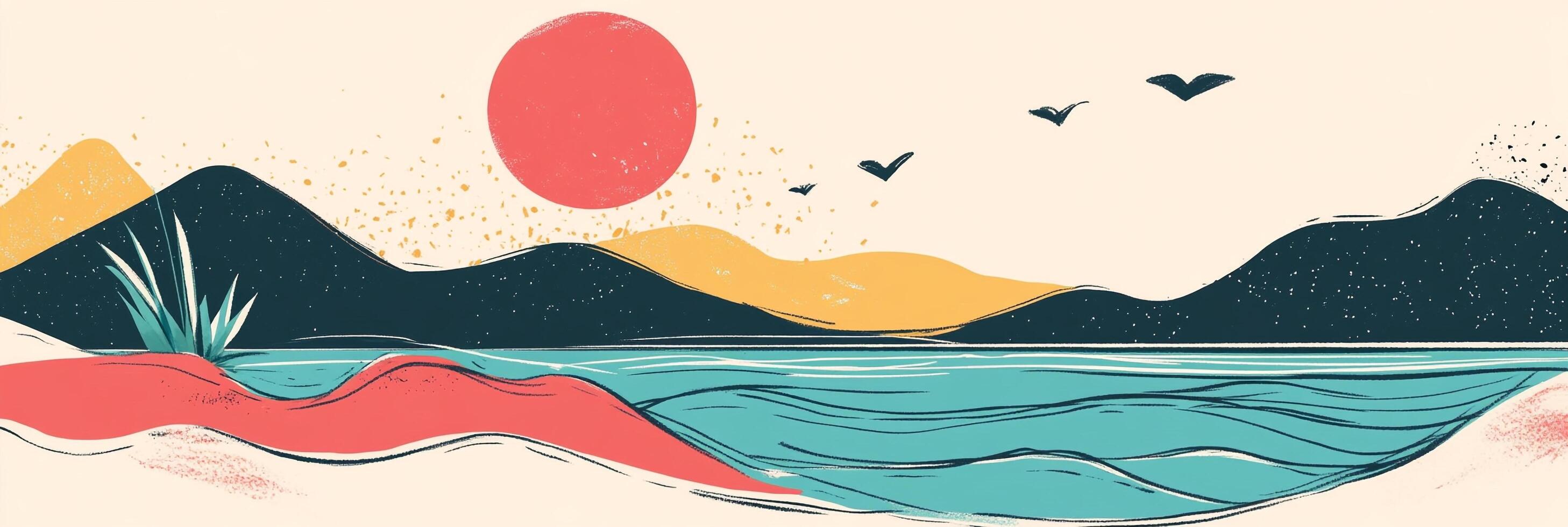Stylized landscape with a vibrant sun, mountains, water, and birds in flight, rendered with a modern, minimalist aesthetic. photo