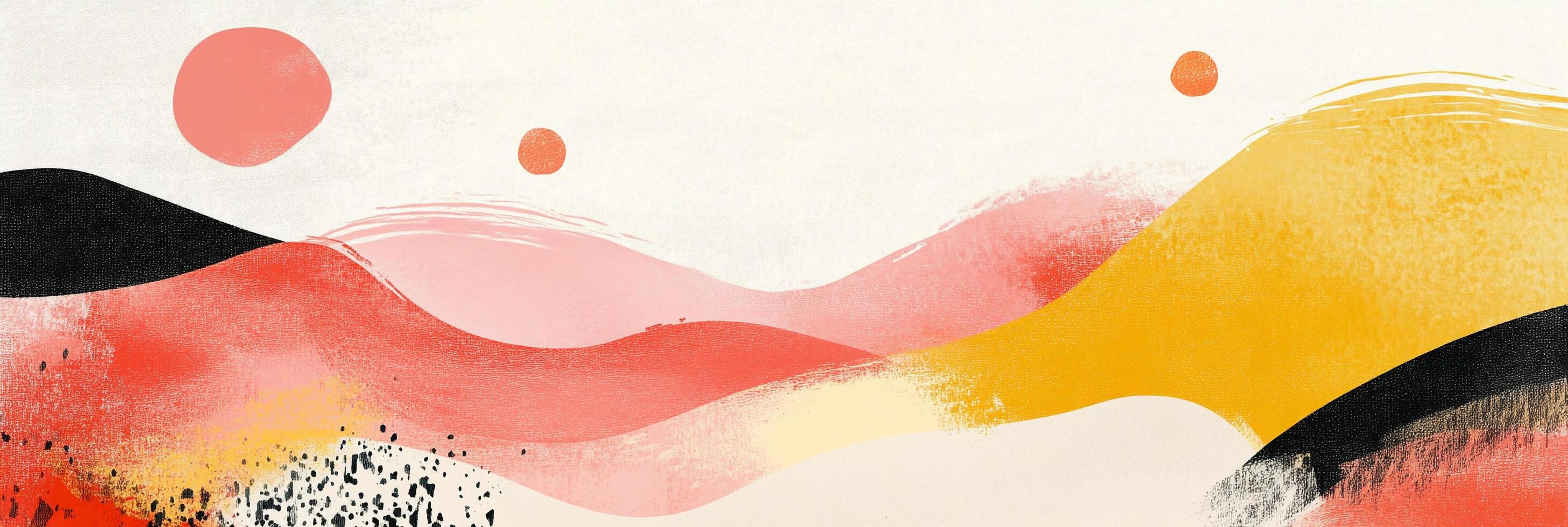 Abstract landscape painting with red and yellow hues evoking rolling hills under a sun-filled sky, created using a brushstroke effect. photo