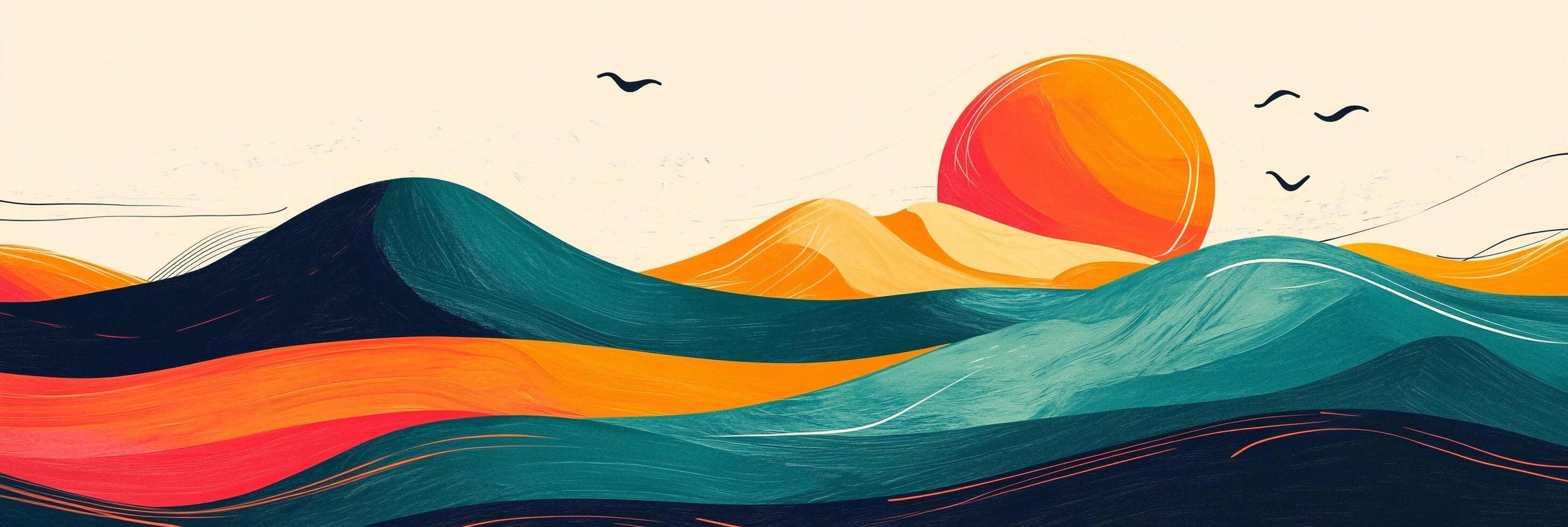 Abstract vibrant landscape of rolling hills, birds soaring overhead, and a sun setting or rising, evokes peace, warmth, and tranquility. photo